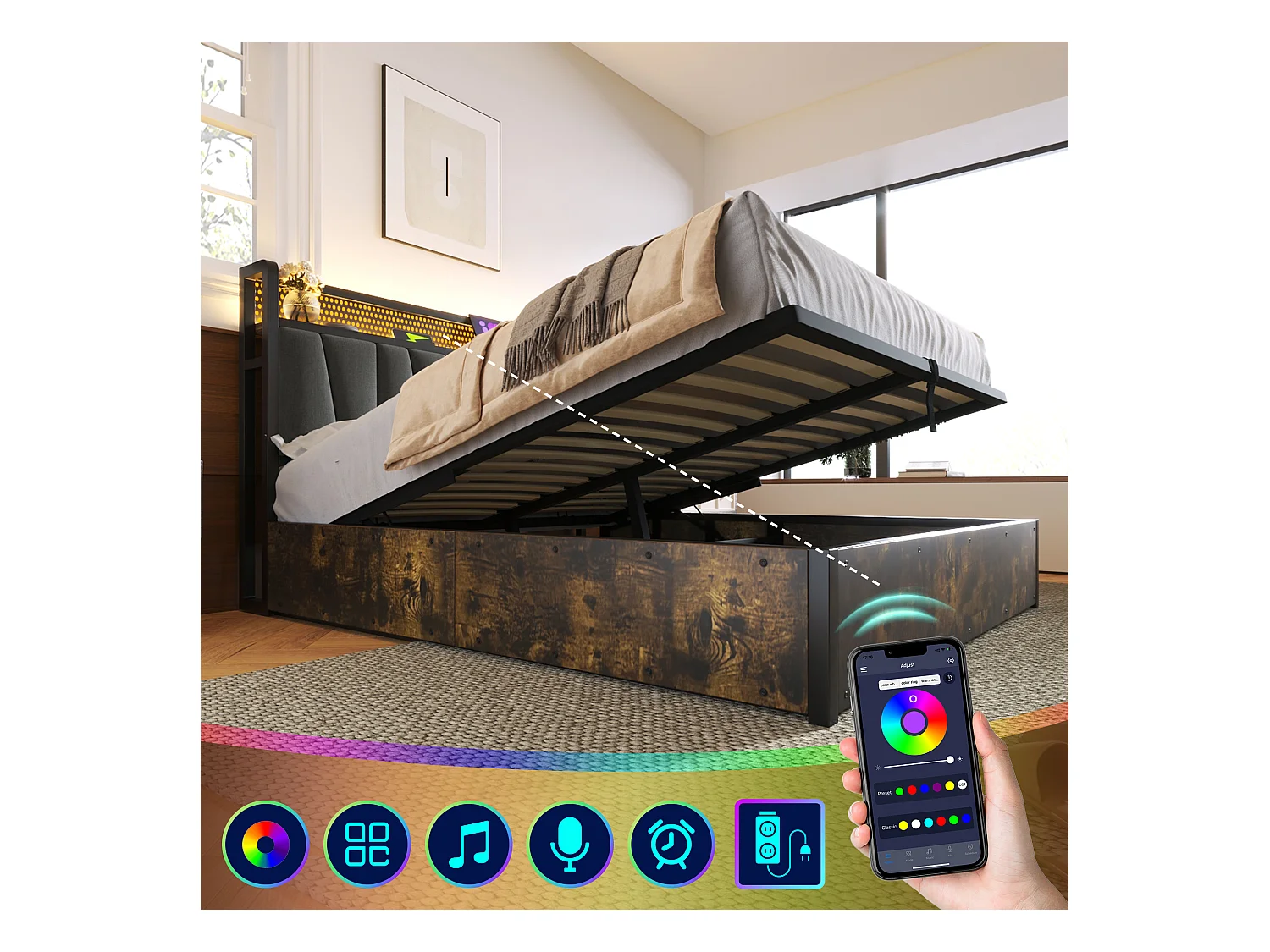 Lit en métal 140x200 cm avec éclairage LED et ports USB, tête de lit pratique en gris