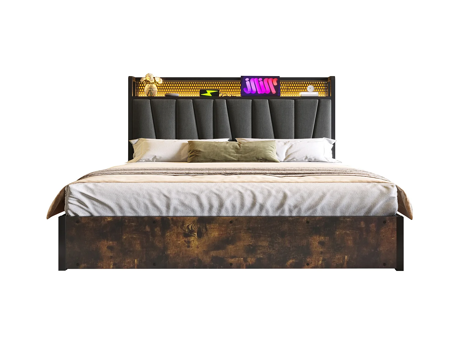 Lit en métal 140x200 cm avec éclairage LED et ports USB, tête de lit pratique en gris