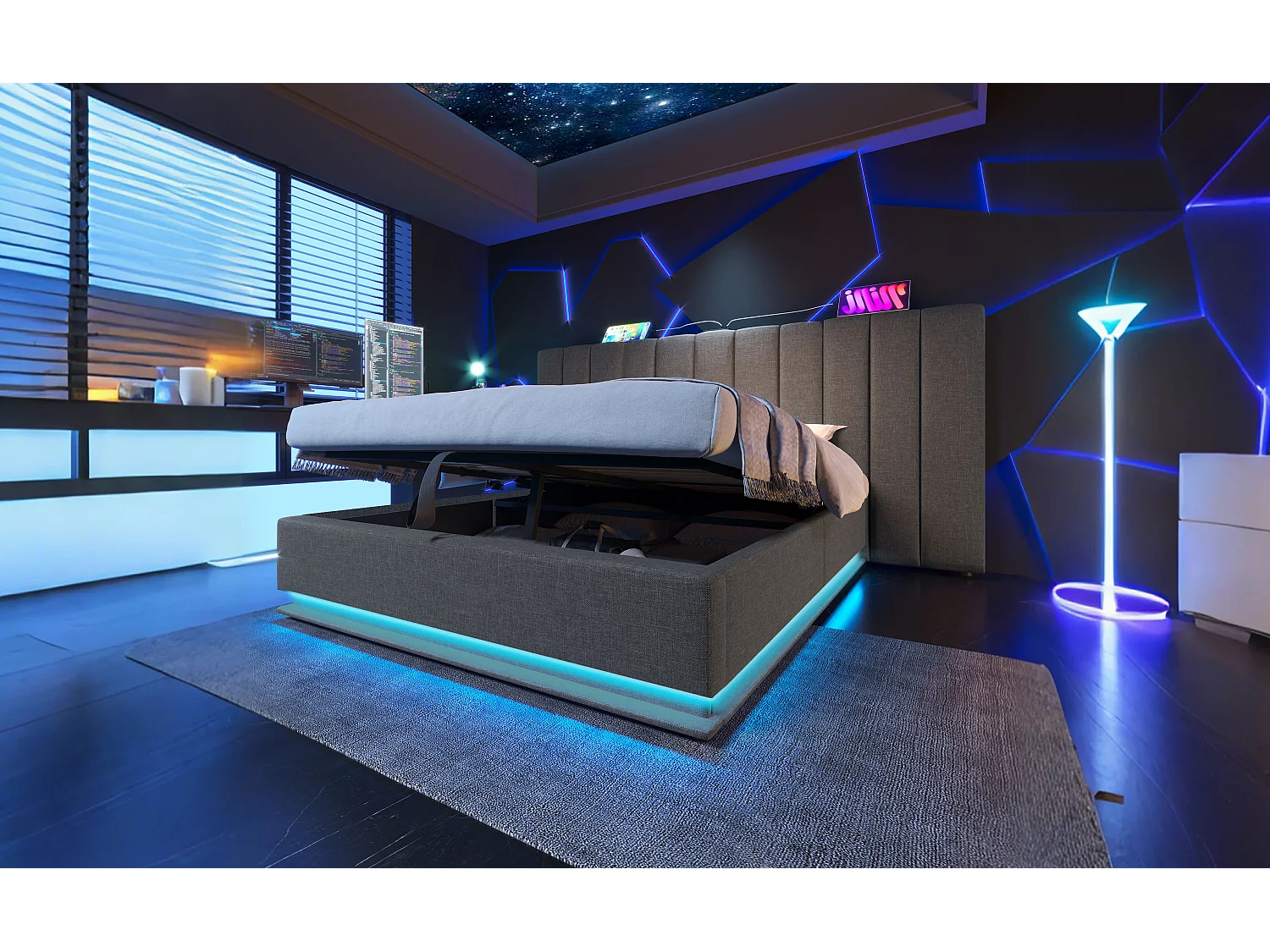 Lit rembourré 160×200 cm, lit double avec rangement hydraulique, contrôle LED par app et USB-C, cadre avec lattes