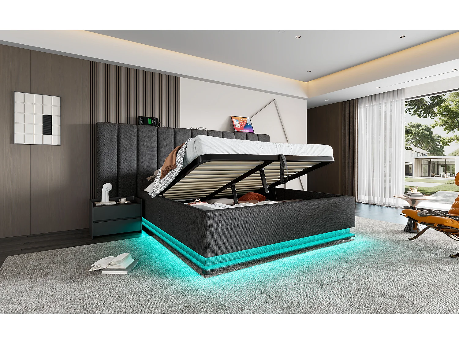 Lit rembourré 160×200 cm, lit double avec rangement hydraulique, contrôle LED par app et USB-C, cadre avec lattes