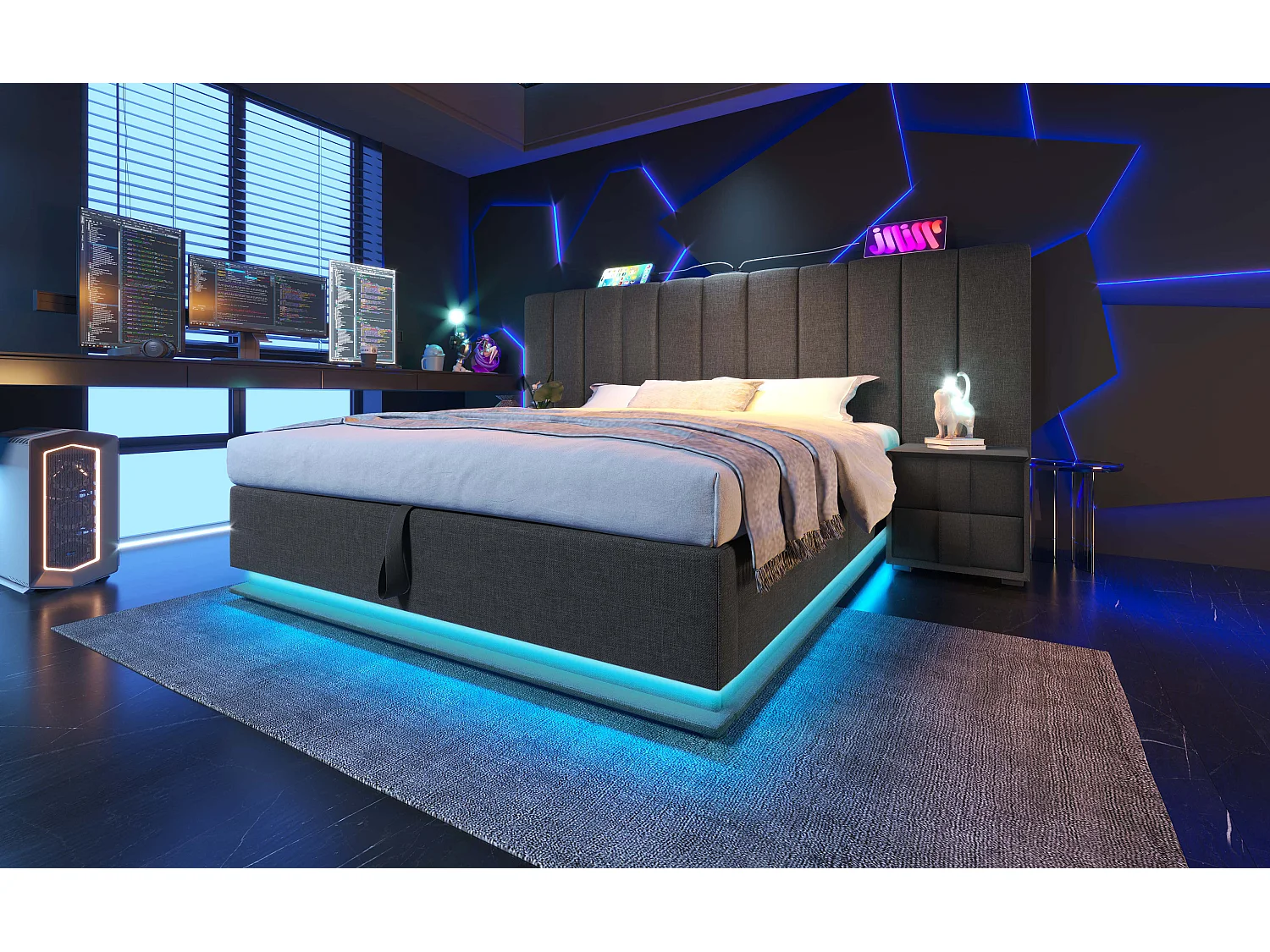 Lit rembourré 160×200 cm, lit double avec rangement hydraulique, contrôle LED par app et USB-C, cadre avec lattes