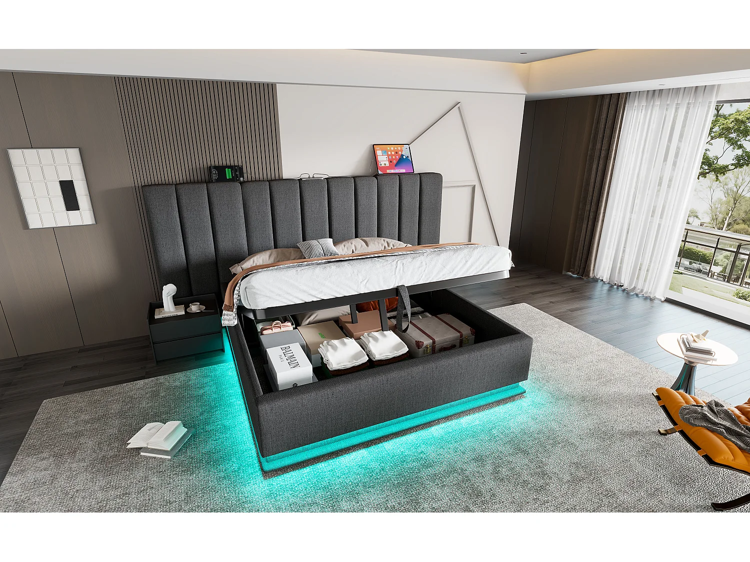 Lit rembourré 160×200 cm, lit double avec rangement hydraulique, contrôle LED par app et USB-C, cadre avec lattes