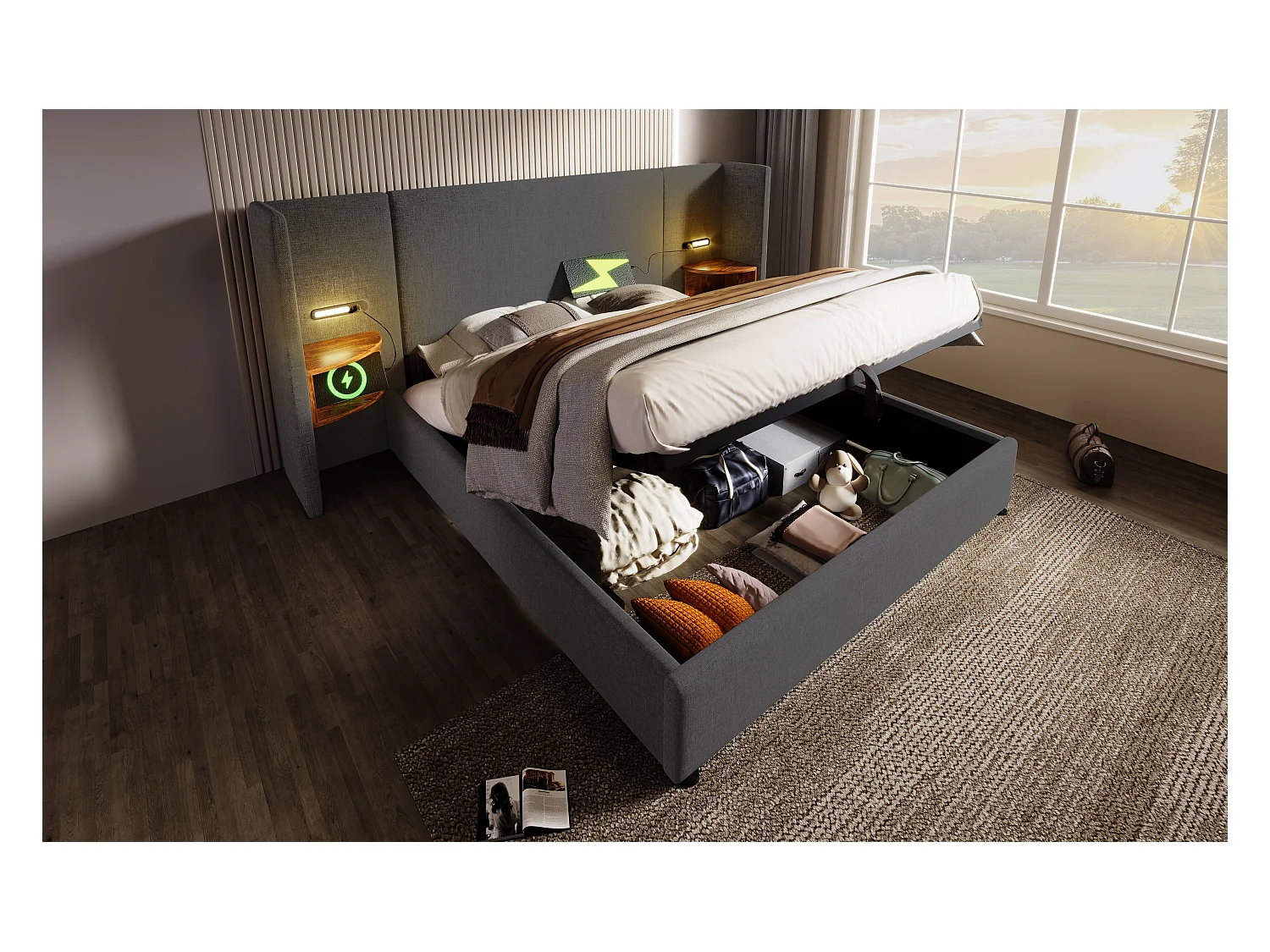 Lit double 180×200 cm en gris avec tête de lit multifonctionnelle, lampe de lecture et ports USB