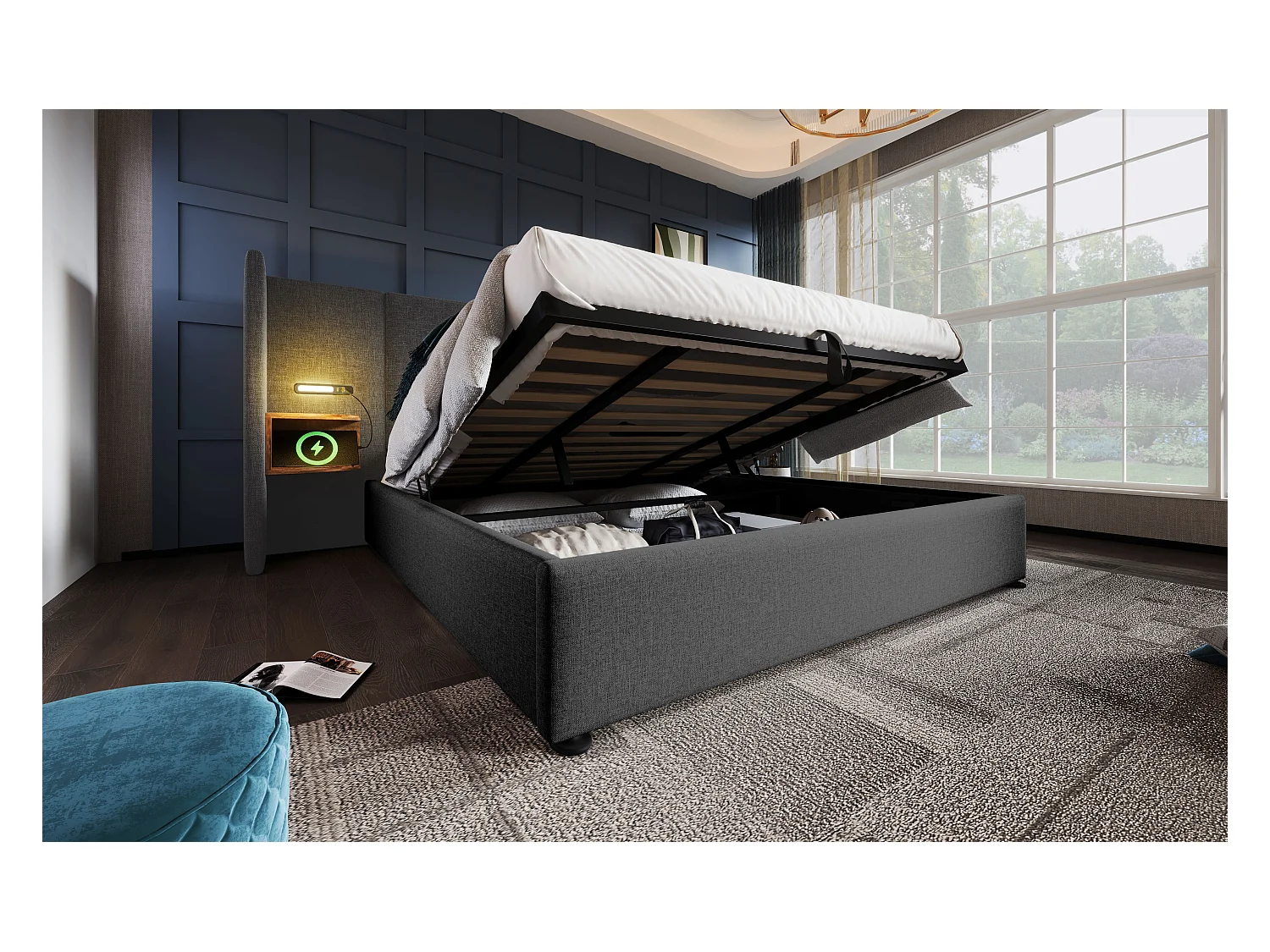 Lit double 180×200 cm en gris avec tête de lit multifonctionnelle, lampe de lecture et ports USB