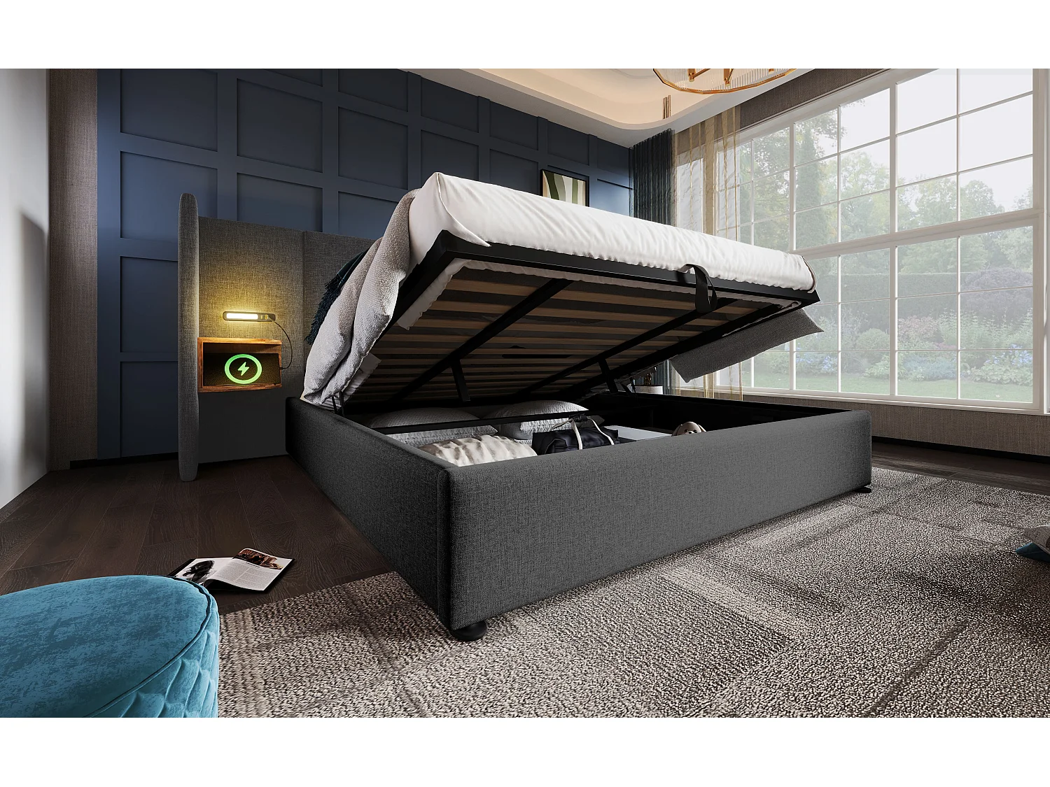 Lit double 180×200 cm en gris avec tête de lit multifonctionnelle, lampe de lecture et ports USB