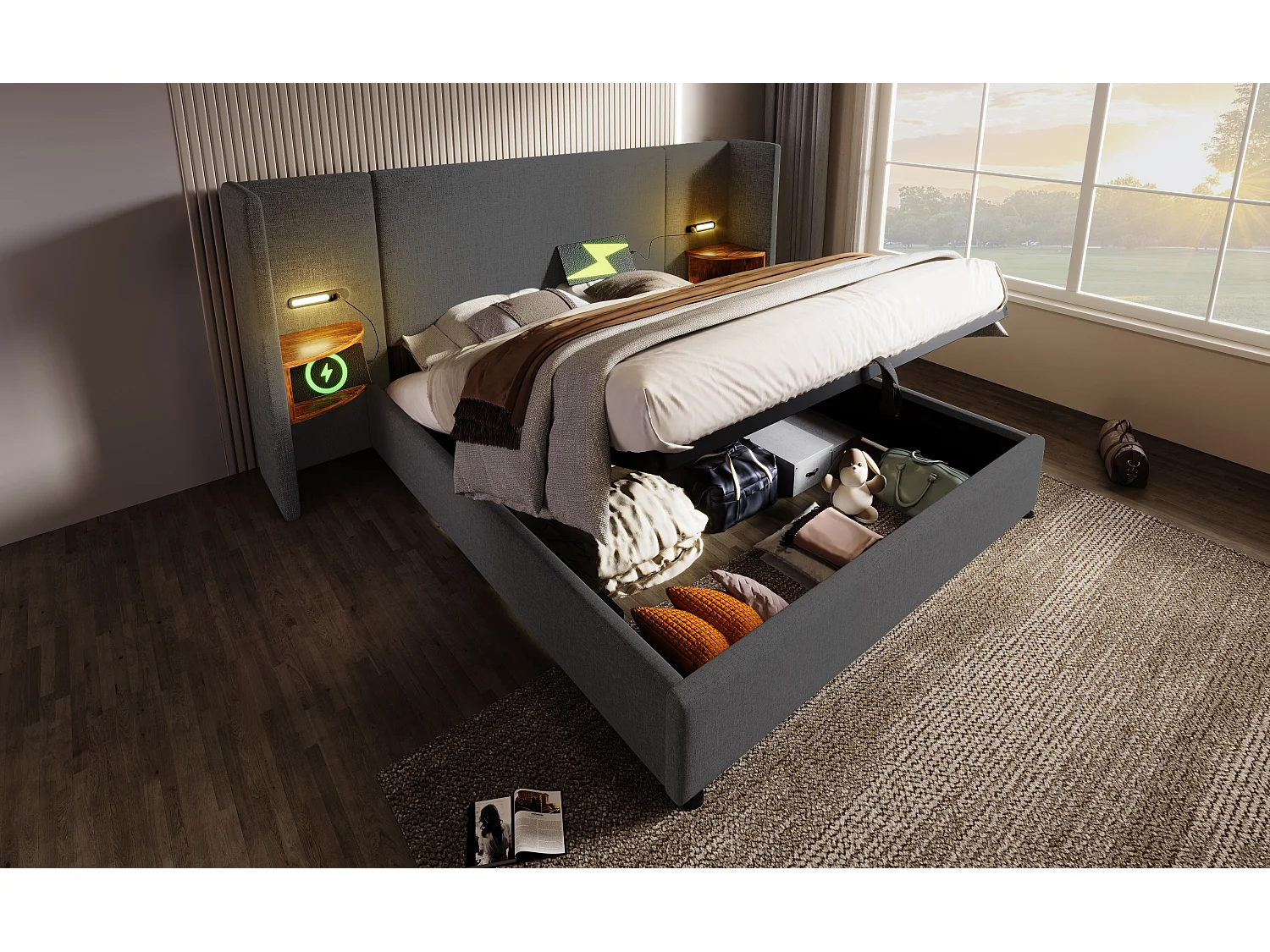 Lit double 180×200 cm en gris avec tête de lit multifonctionnelle, lampe de lecture et ports USB