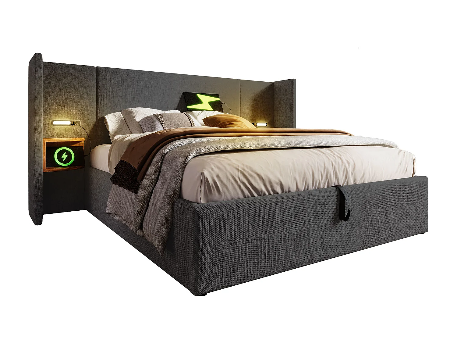 Lit double 180×200 cm en gris avec tête de lit multifonctionnelle, lampe de lecture et ports USB