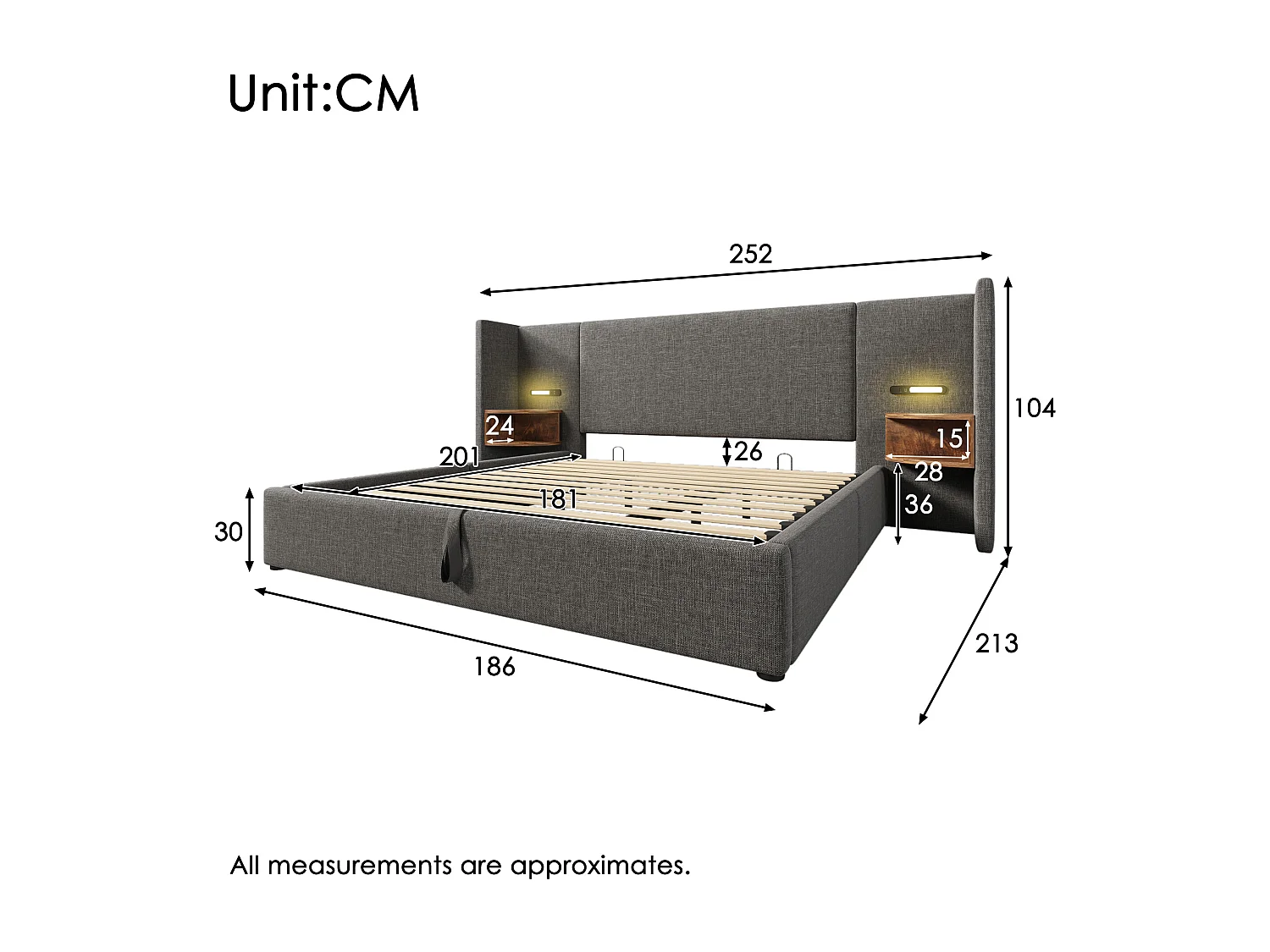 Lit double 180×200 cm en gris avec tête de lit multifonctionnelle, lampe de lecture et ports USB