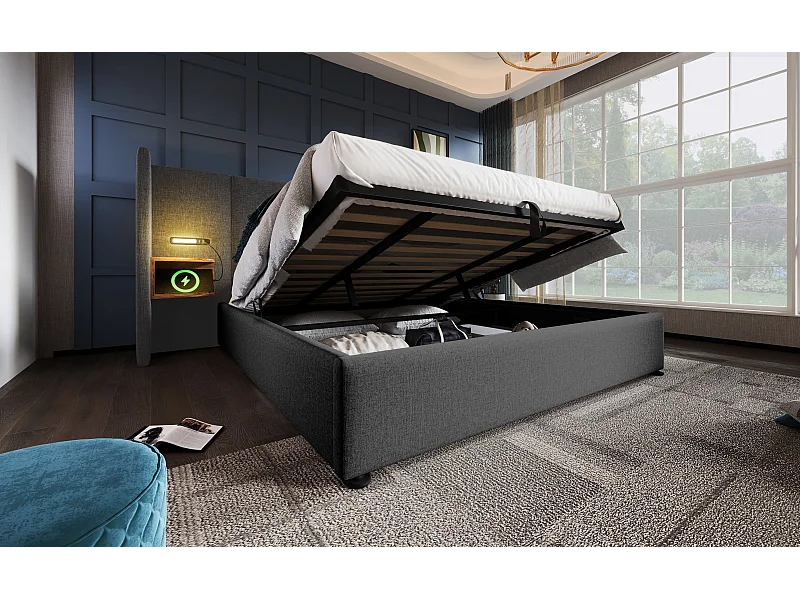 Lit double 180×200 cm en gris avec tête de lit multifonctionnelle, lampe de lecture et ports USB