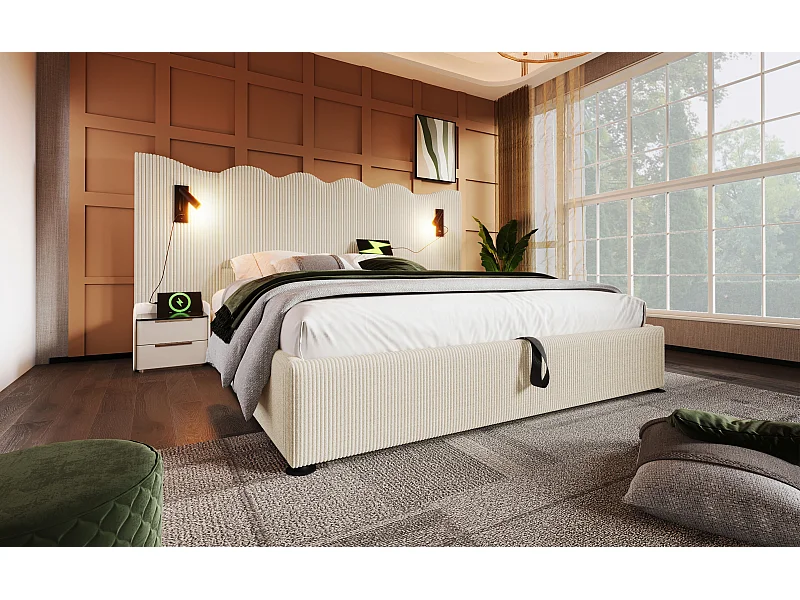 Lit double 180×200 cm avec lampe de lecture pivotante et fonction de chargement USB Type-C, en beige