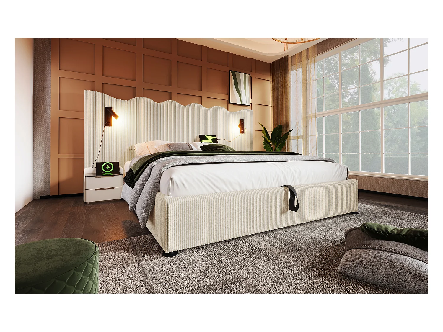 Lit double 180×200 cm avec lampe de lecture pivotante et fonction de chargement USB Type-C, en beige