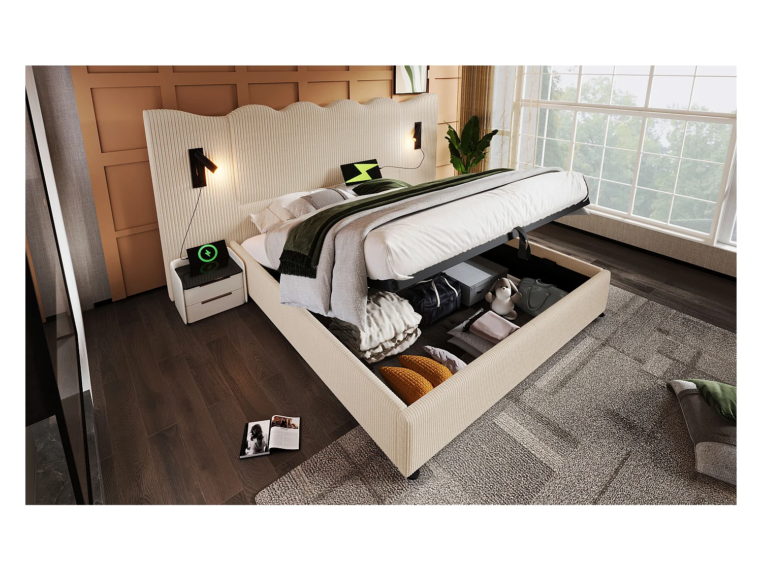 Lit double 180×200 cm avec lampe de lecture pivotante et fonction de chargement USB Type-C, en beige