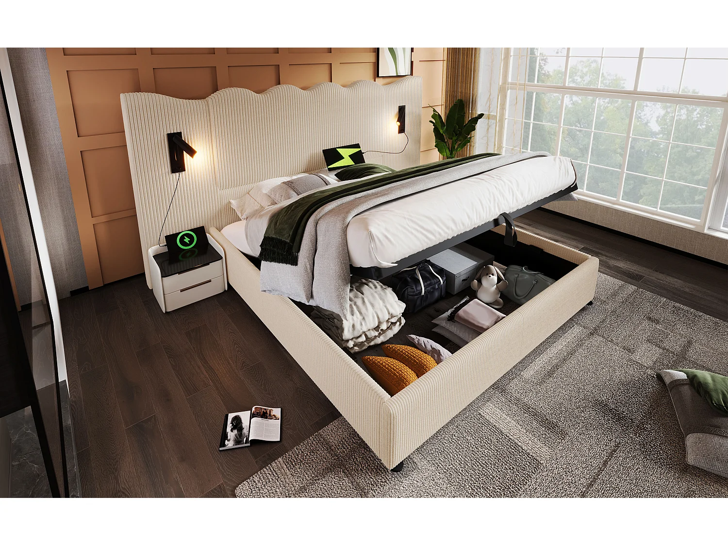 Lit double 180×200 cm avec lampe de lecture pivotante et fonction de chargement USB Type-C, en beige