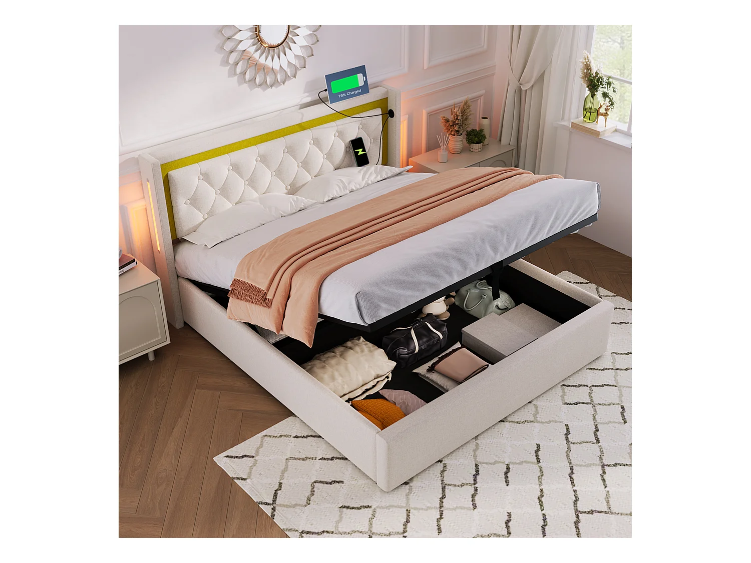 Lit double 160x200 cm en beige avec rangement, éclairage LED et ports USB
