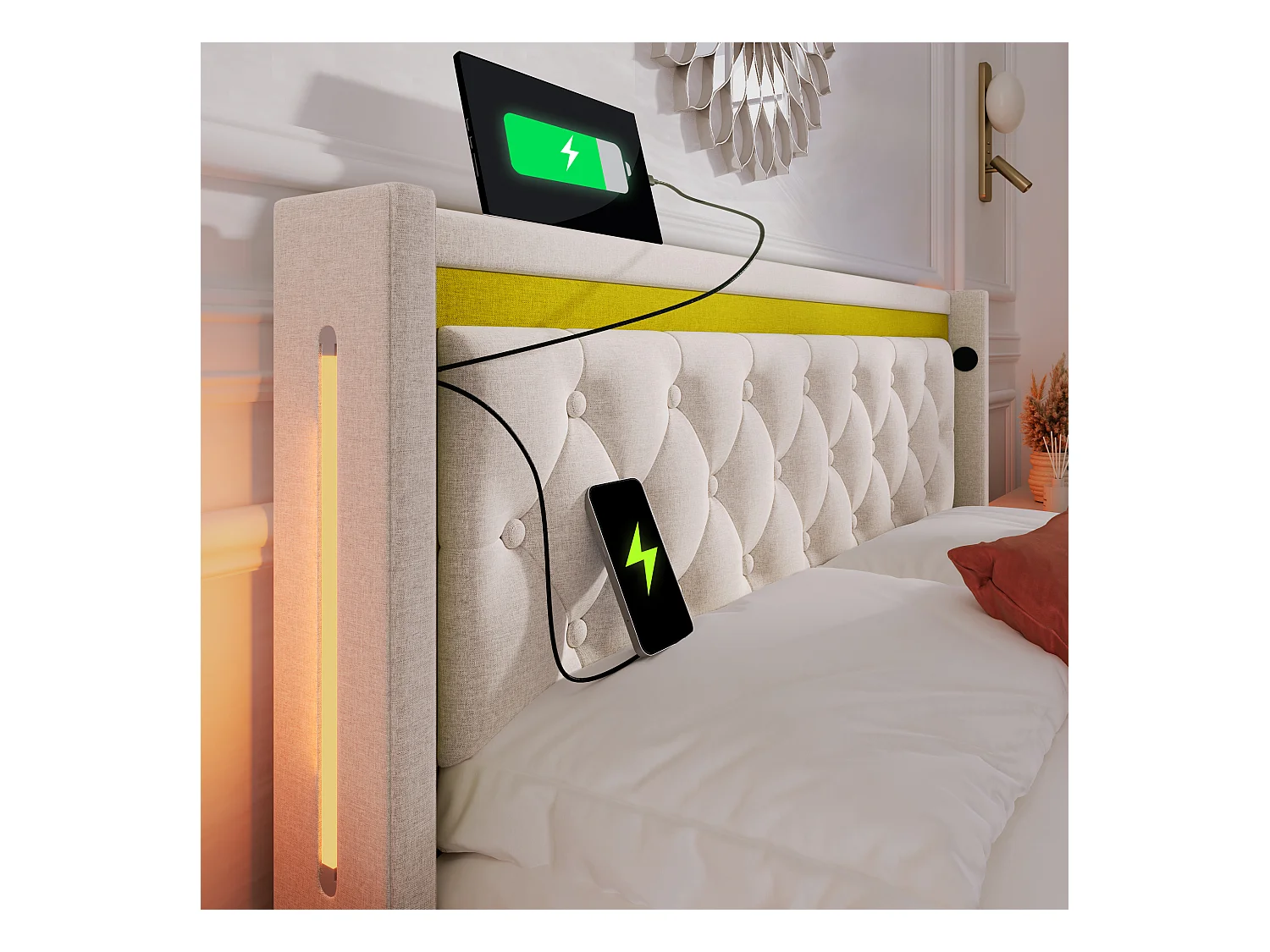 Lit double 160x200 cm en beige avec rangement, éclairage LED et ports USB