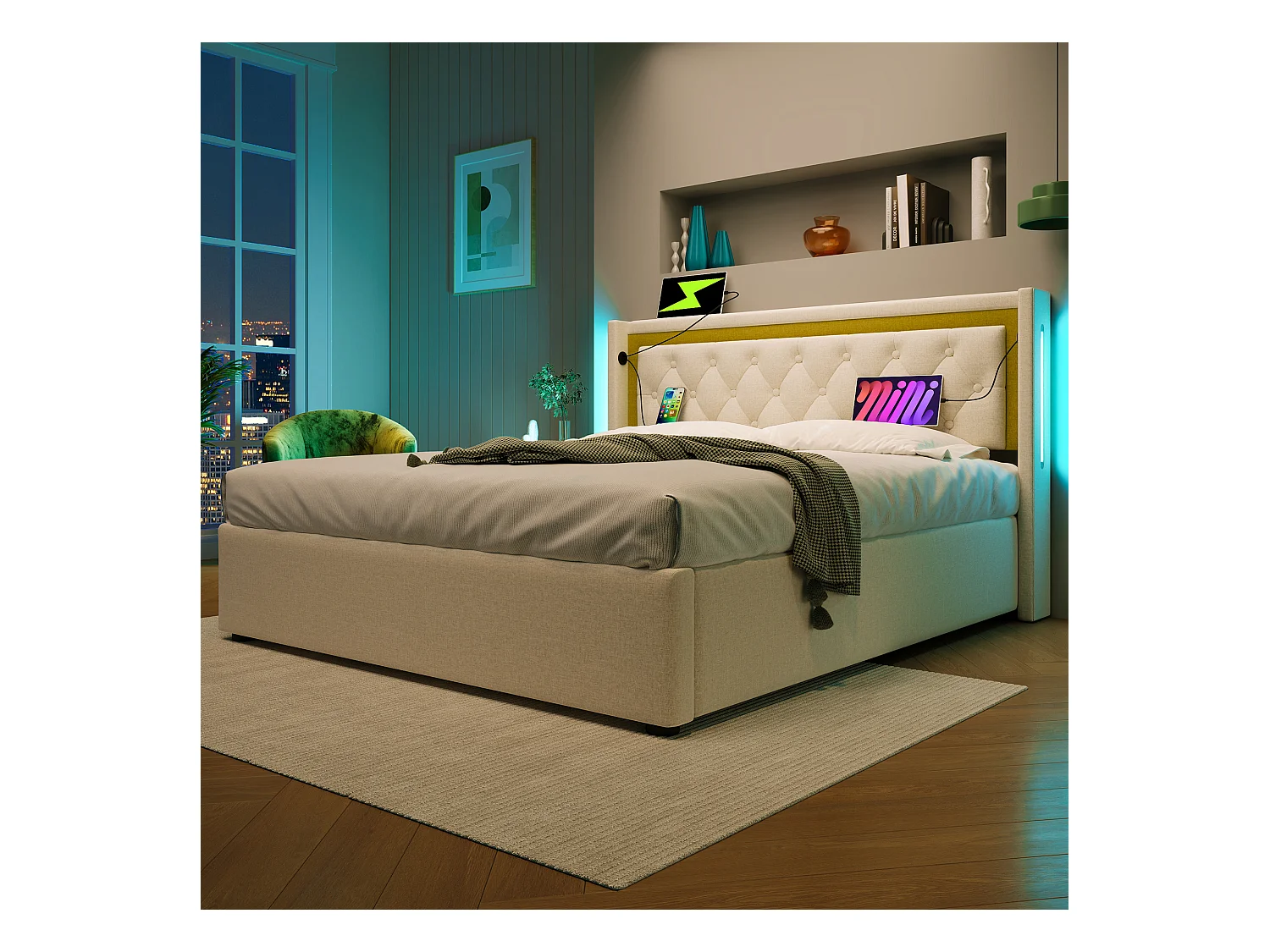 Lit double 160x200 cm en beige avec rangement, éclairage LED et ports USB