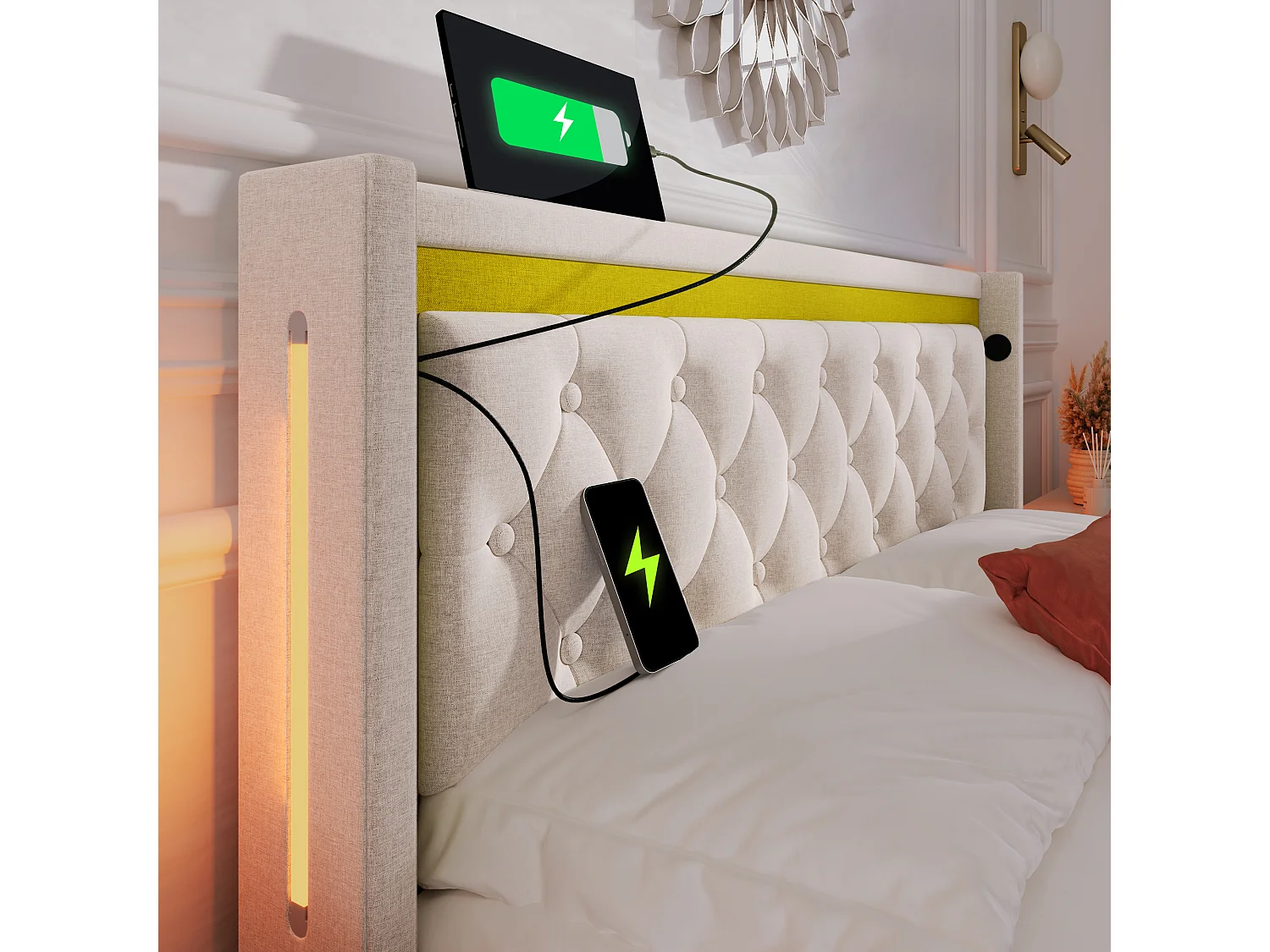 Lit double 160x200 cm en beige avec rangement, éclairage LED et ports USB