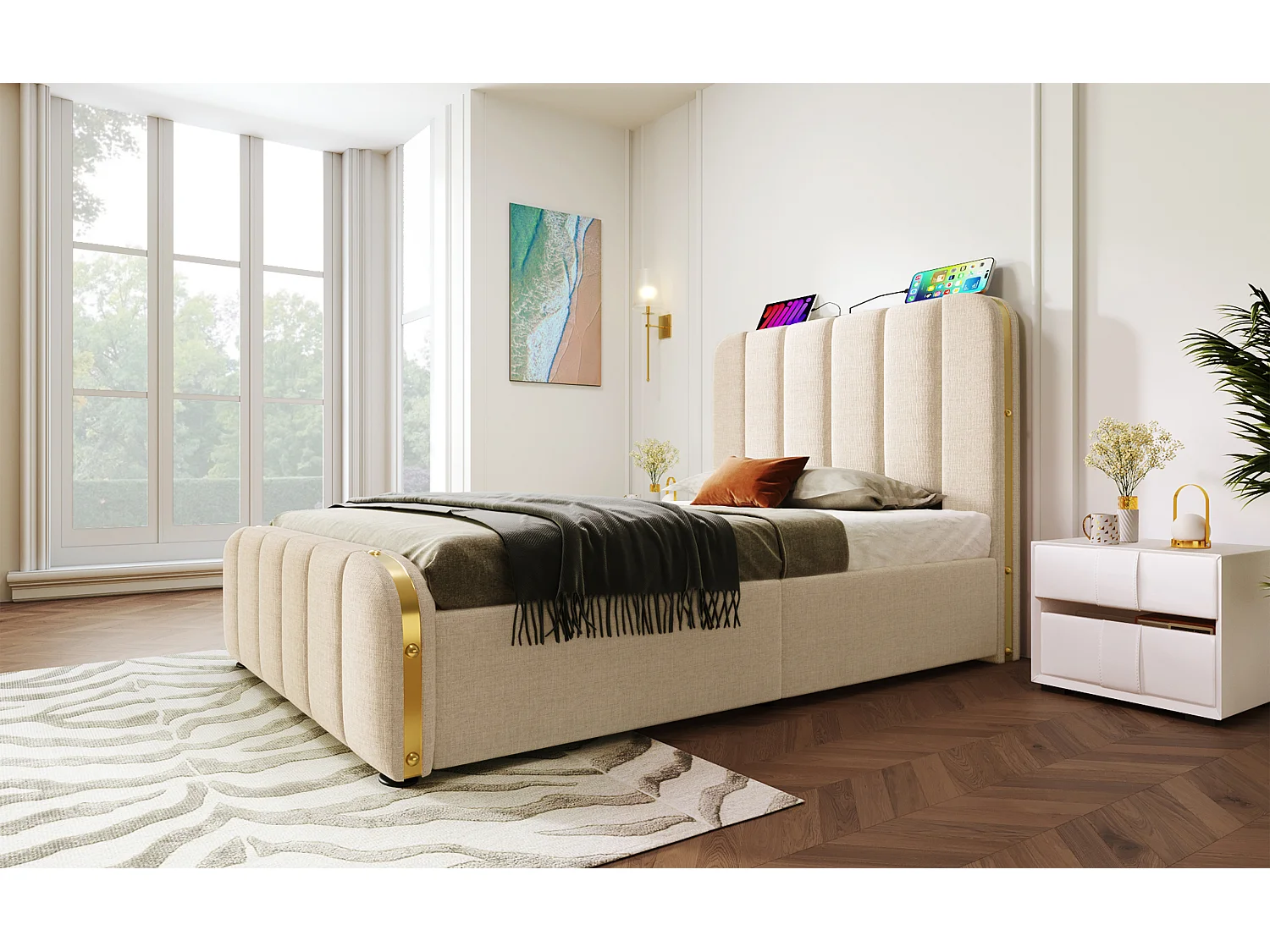 Lit simple 90×200 cm en lin beige avec tête de lit rembourrée et ports USB intégrés