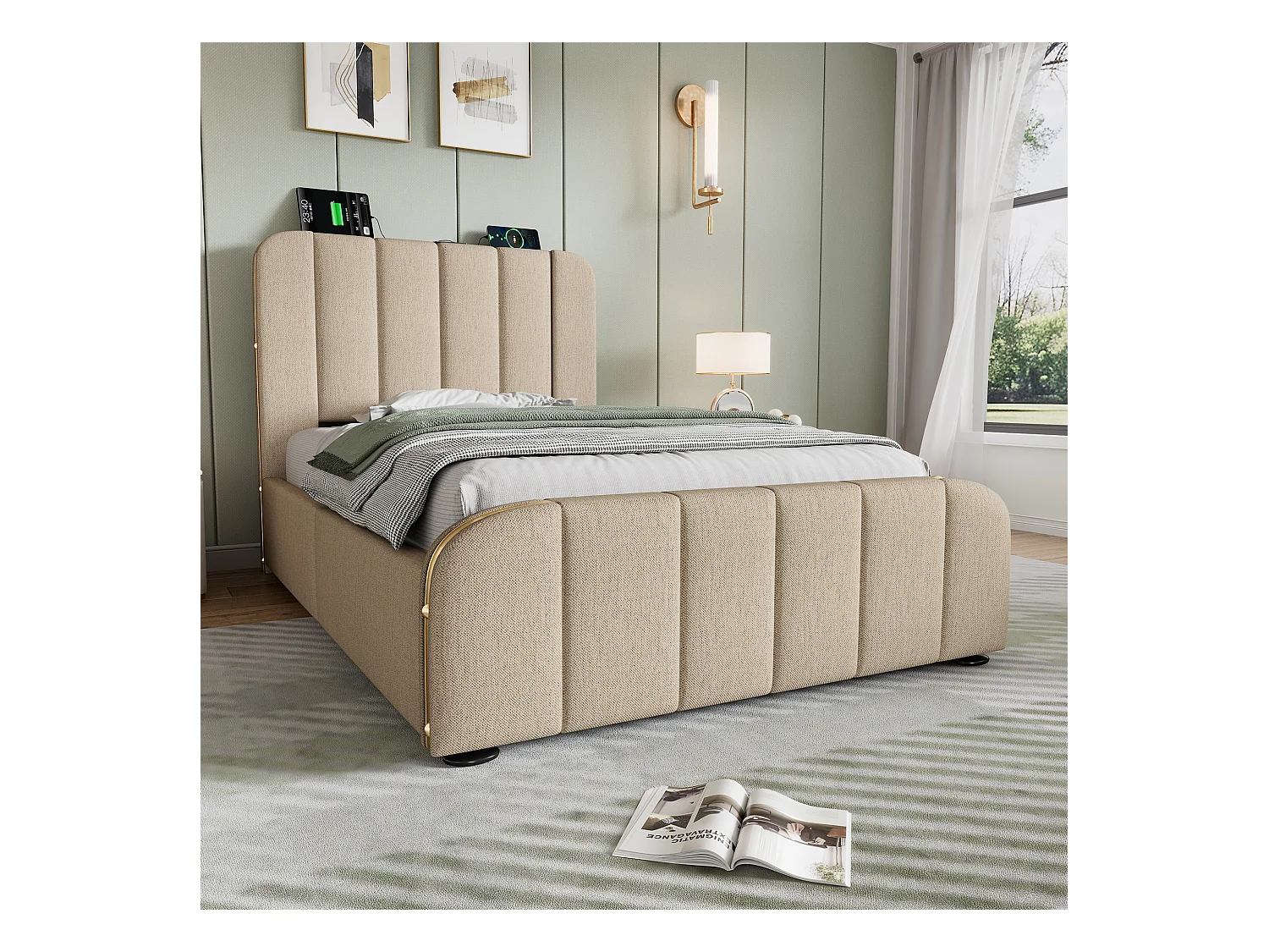 Lit simple 90×200 cm en lin beige avec tête de lit rembourrée et ports USB intégrés