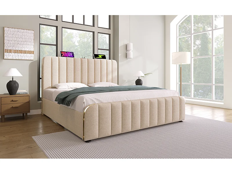 Lit double 140×200 cm en lin beige avec tête de lit rembourrée et ports USB intégrés