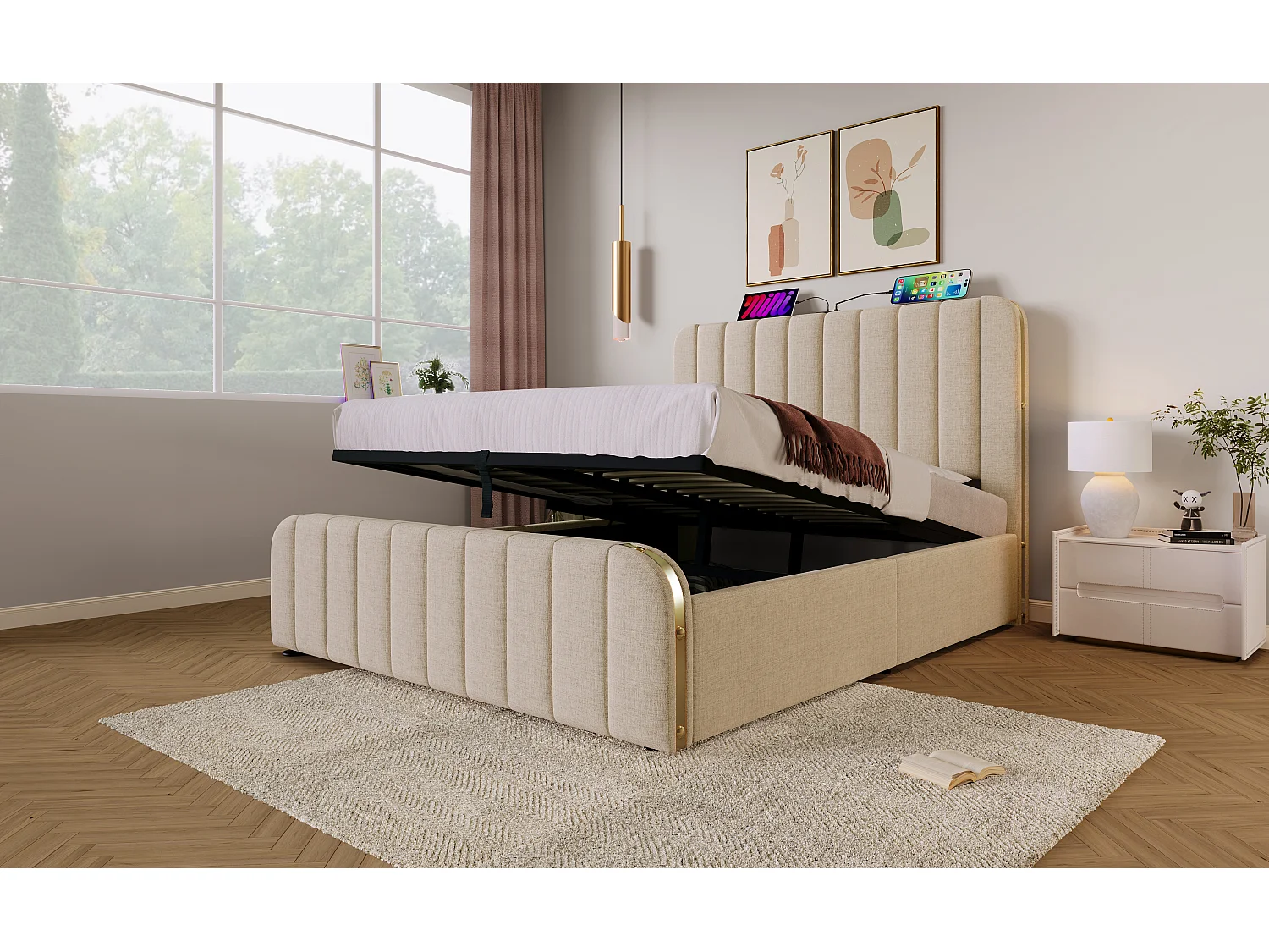 Lit double 140×200 cm en lin beige avec tête de lit rembourrée et ports USB intégrés