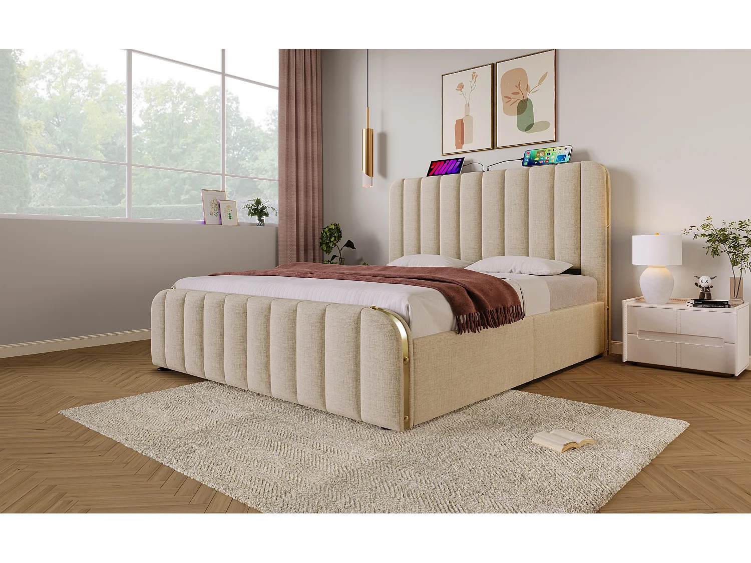 Lit double 140×200 cm en lin beige avec tête de lit rembourrée et ports USB intégrés