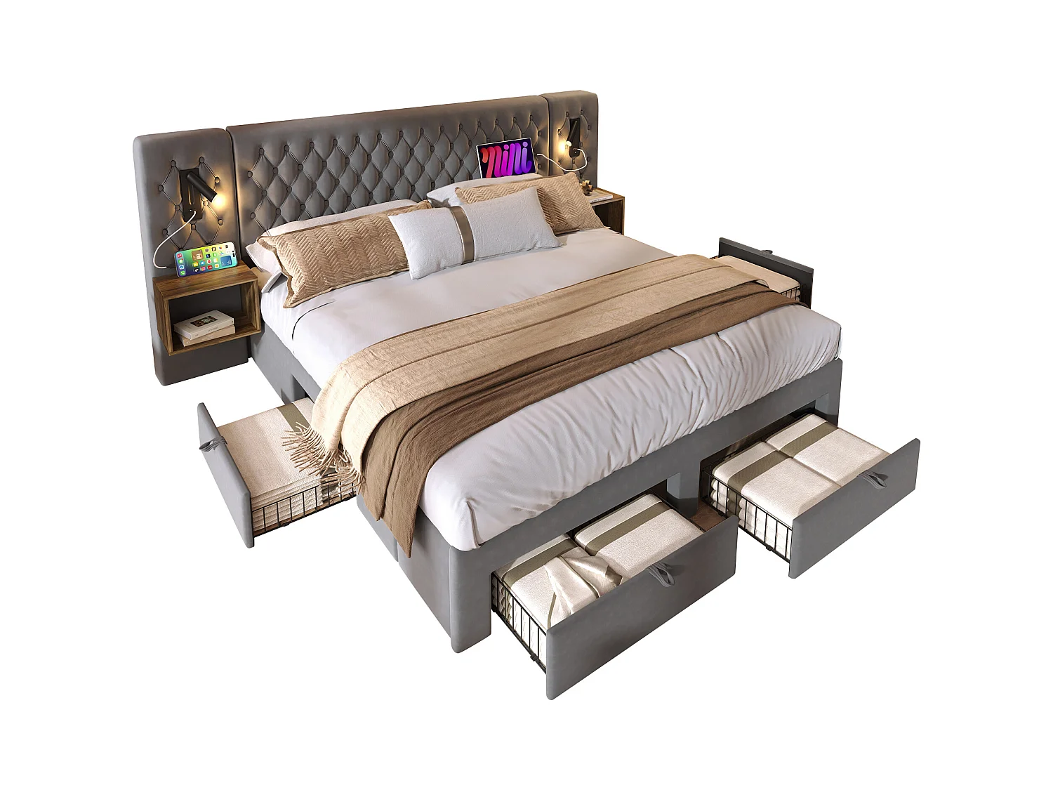 Lit double 160×200 cm en velours gris avec 2 tables de nuit et 4 tiroirs, éclairage USB