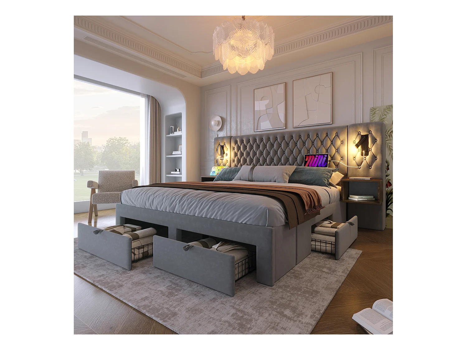 Lit double 160×200 cm en velours gris avec 2 tables de nuit et 4 tiroirs, éclairage USB