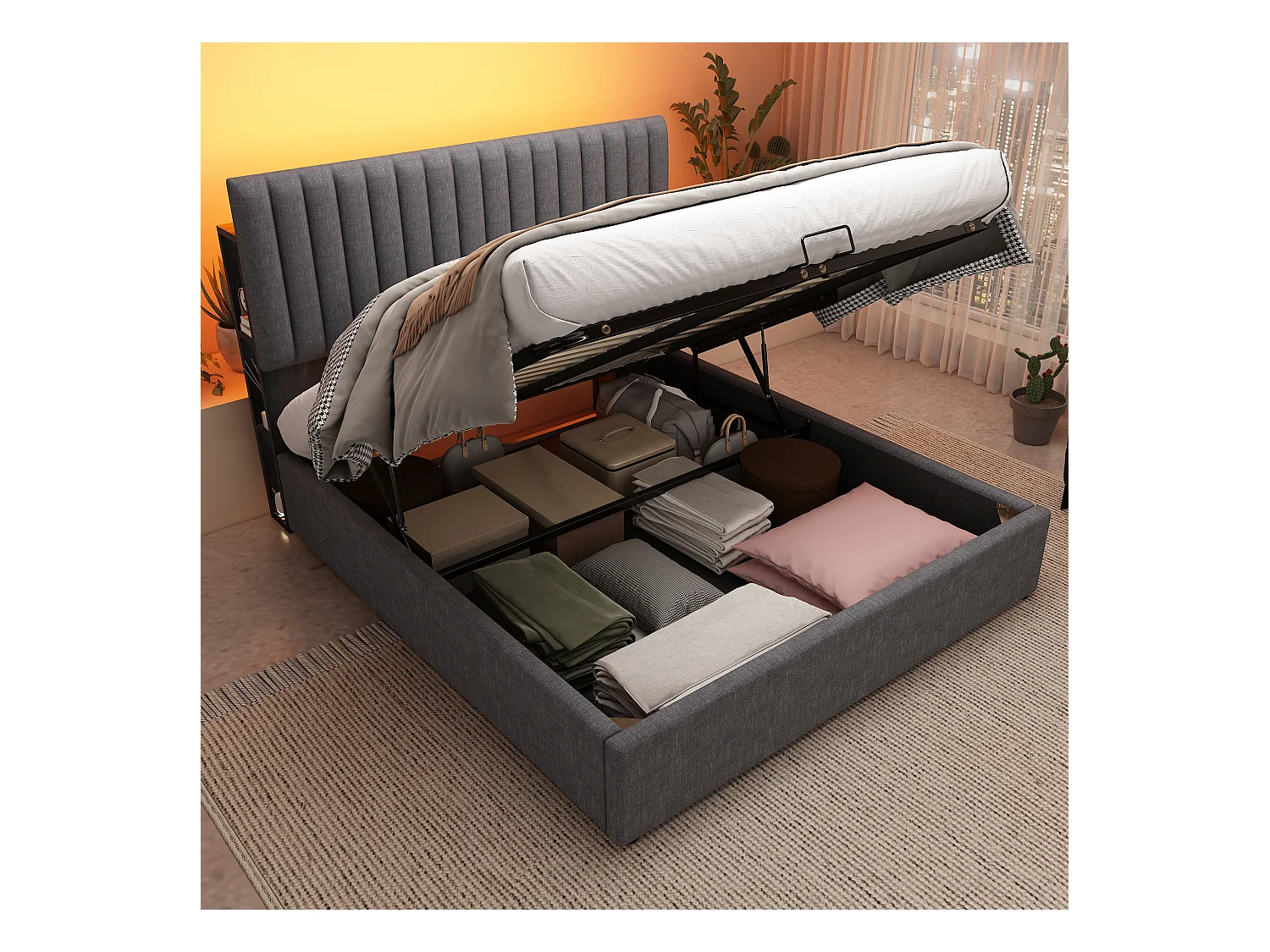 Lit avec rangement et tête de lit LED, 160x200 cm, gris, avec ports USB et Type-C