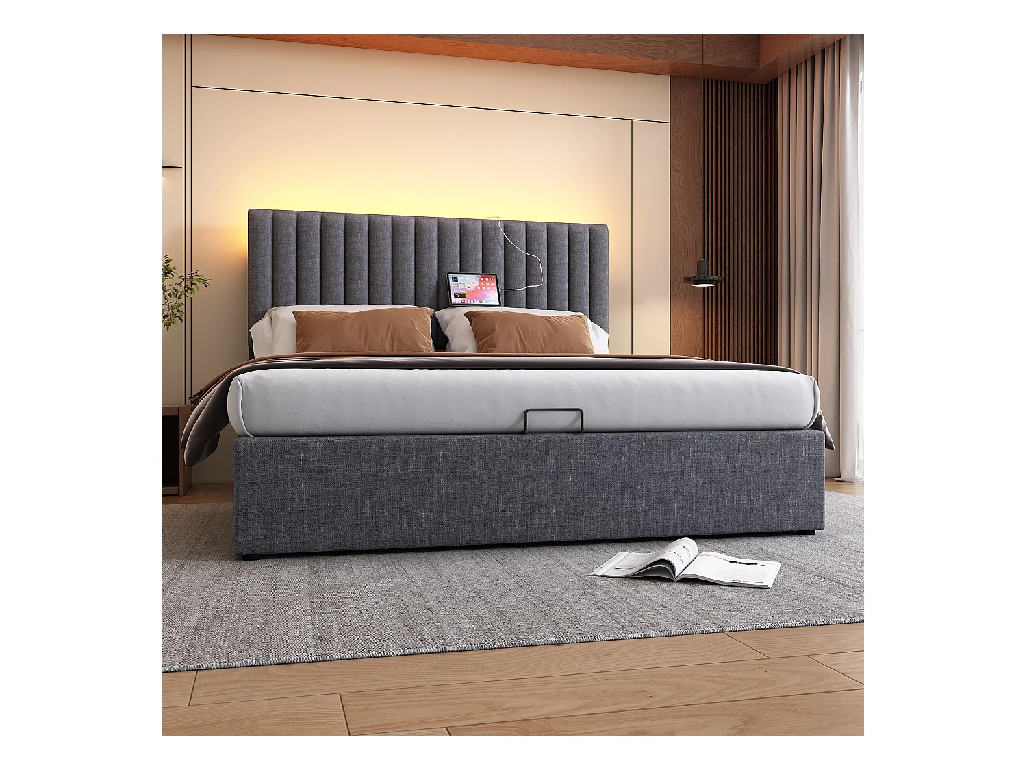 Lit avec rangement et tête de lit LED, 160x200 cm, gris, avec ports USB et Type-C