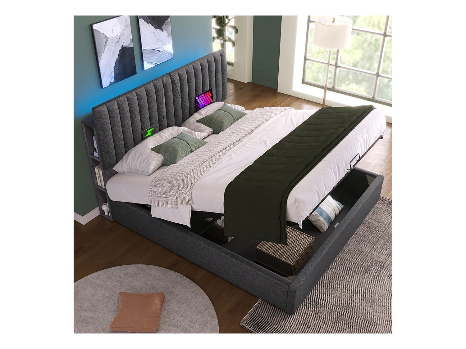 Lit avec rangement et tête de lit LED, 160x200 cm, gris, avec ports USB et Type-C