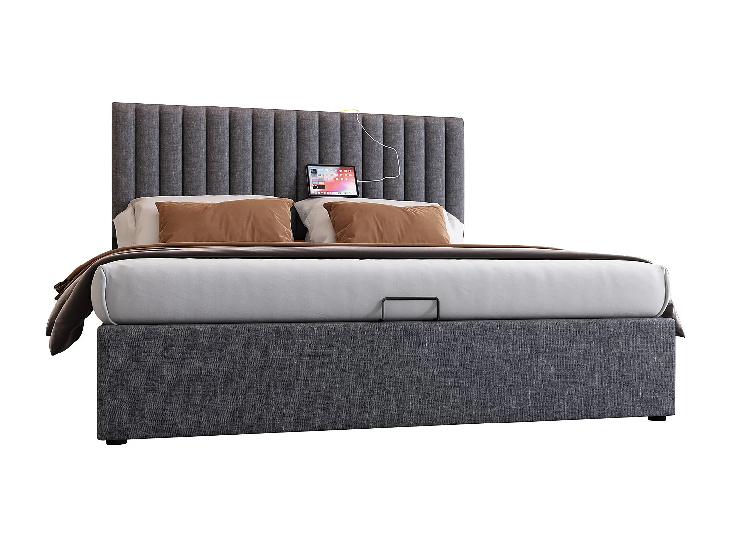 Lit avec rangement et tête de lit LED, 160x200 cm, gris, avec ports USB et Type-C