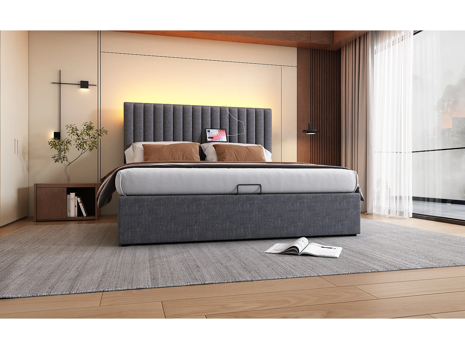 Lit avec rangement et tête de lit LED, 160x200 cm, gris, avec ports USB et Type-C