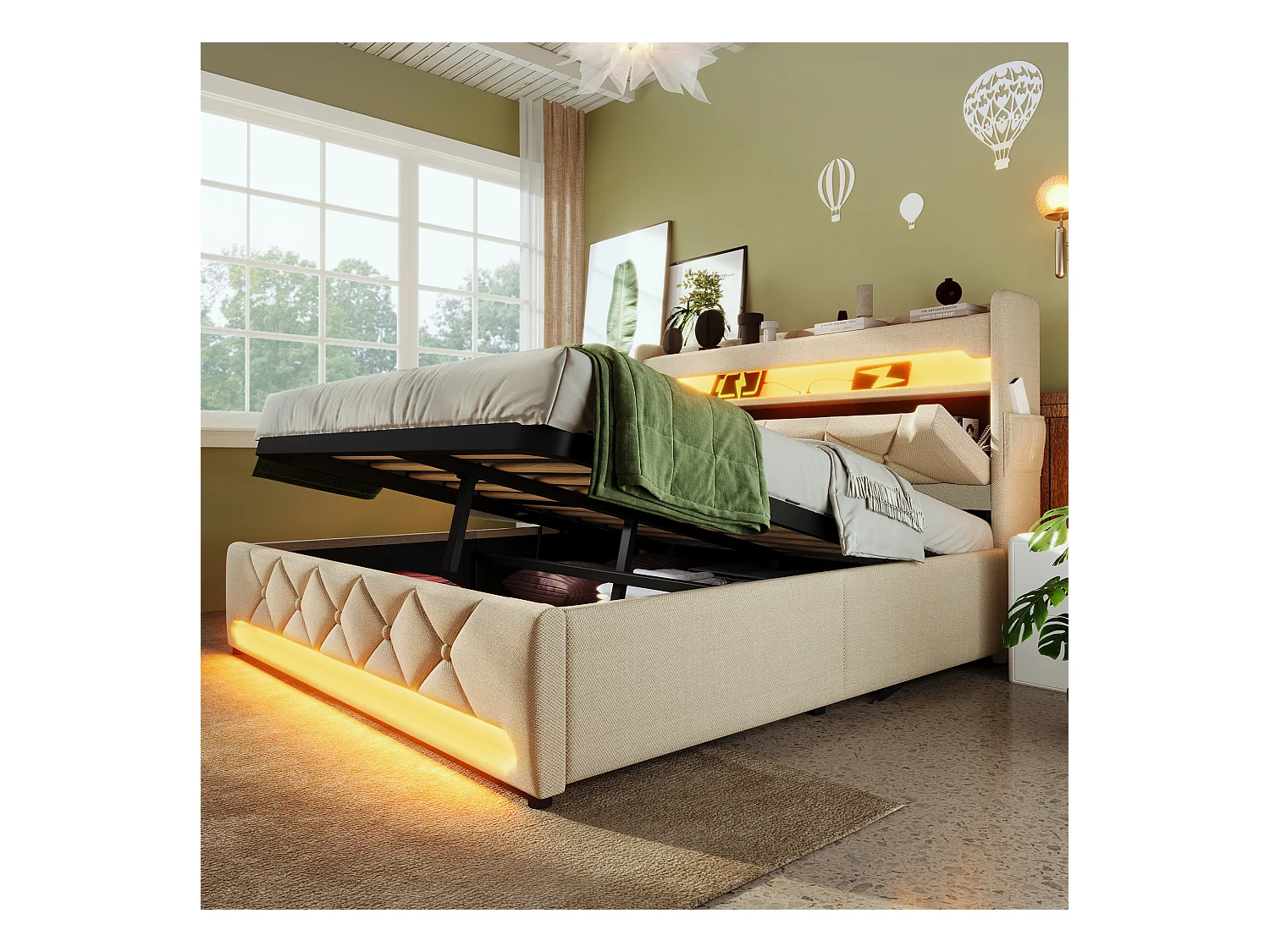 Lit double 180×200 cm, tête de lit avec rangement, ports USB et Type C, éclairage LED 360°