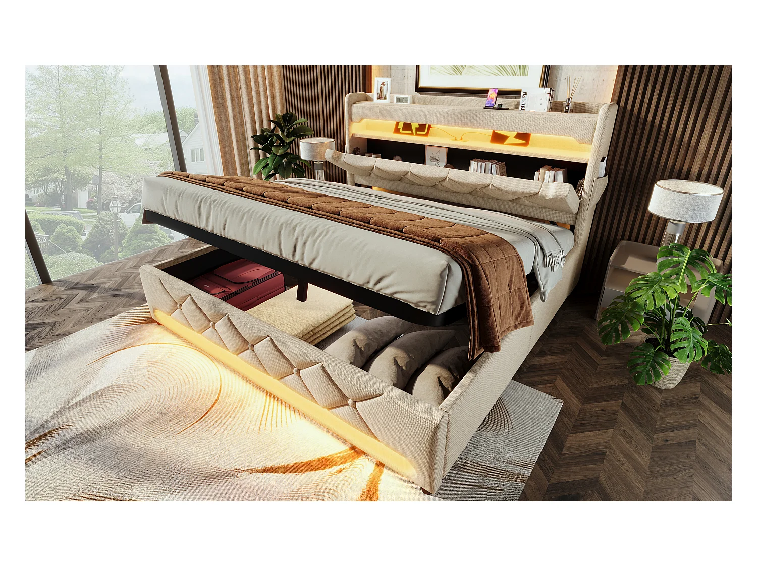 Lit double 180×200 cm, tête de lit avec rangement, ports USB et Type C, éclairage LED 360°