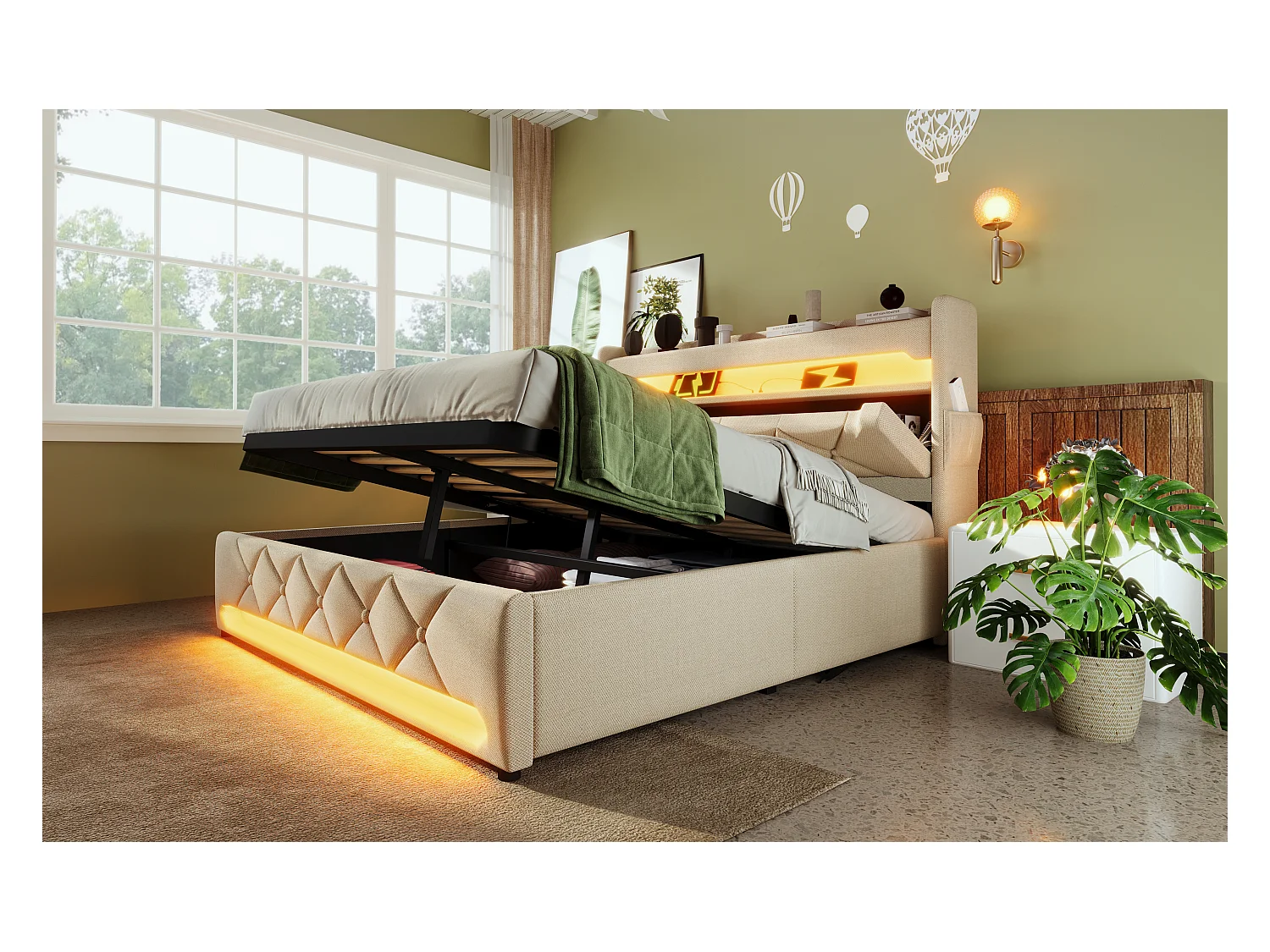 Lit double 180×200 cm, tête de lit avec rangement, ports USB et Type C, éclairage LED 360°