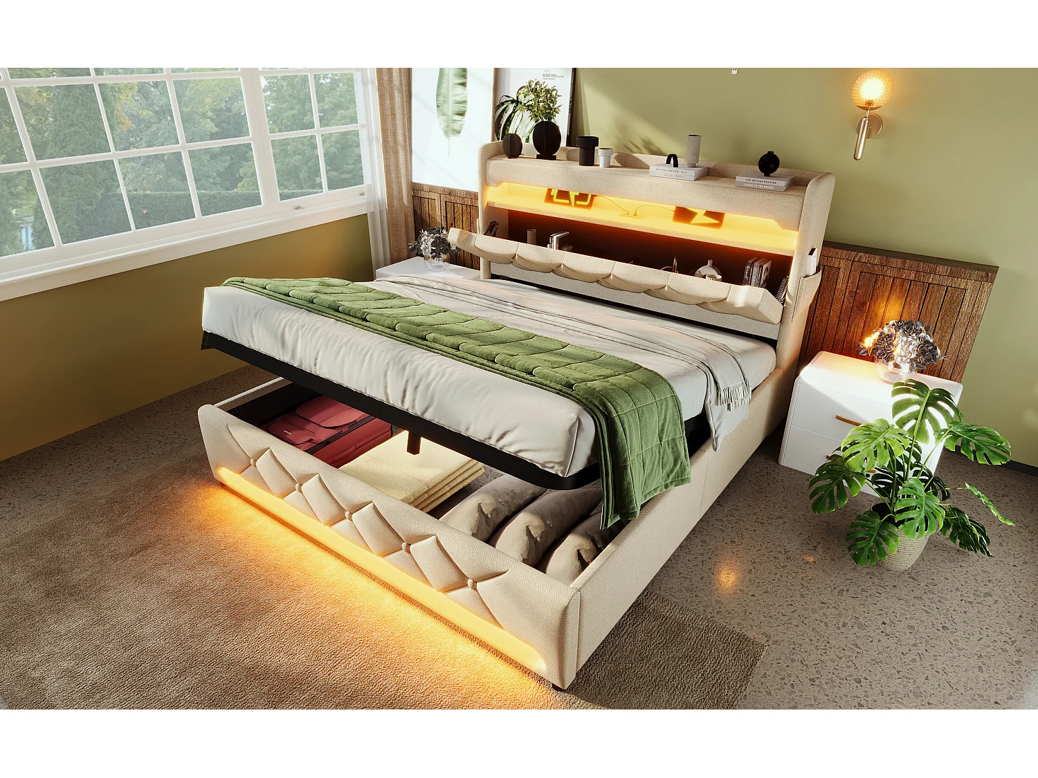 Lit double 180×200 cm, tête de lit avec rangement, ports USB et Type C, éclairage LED 360°