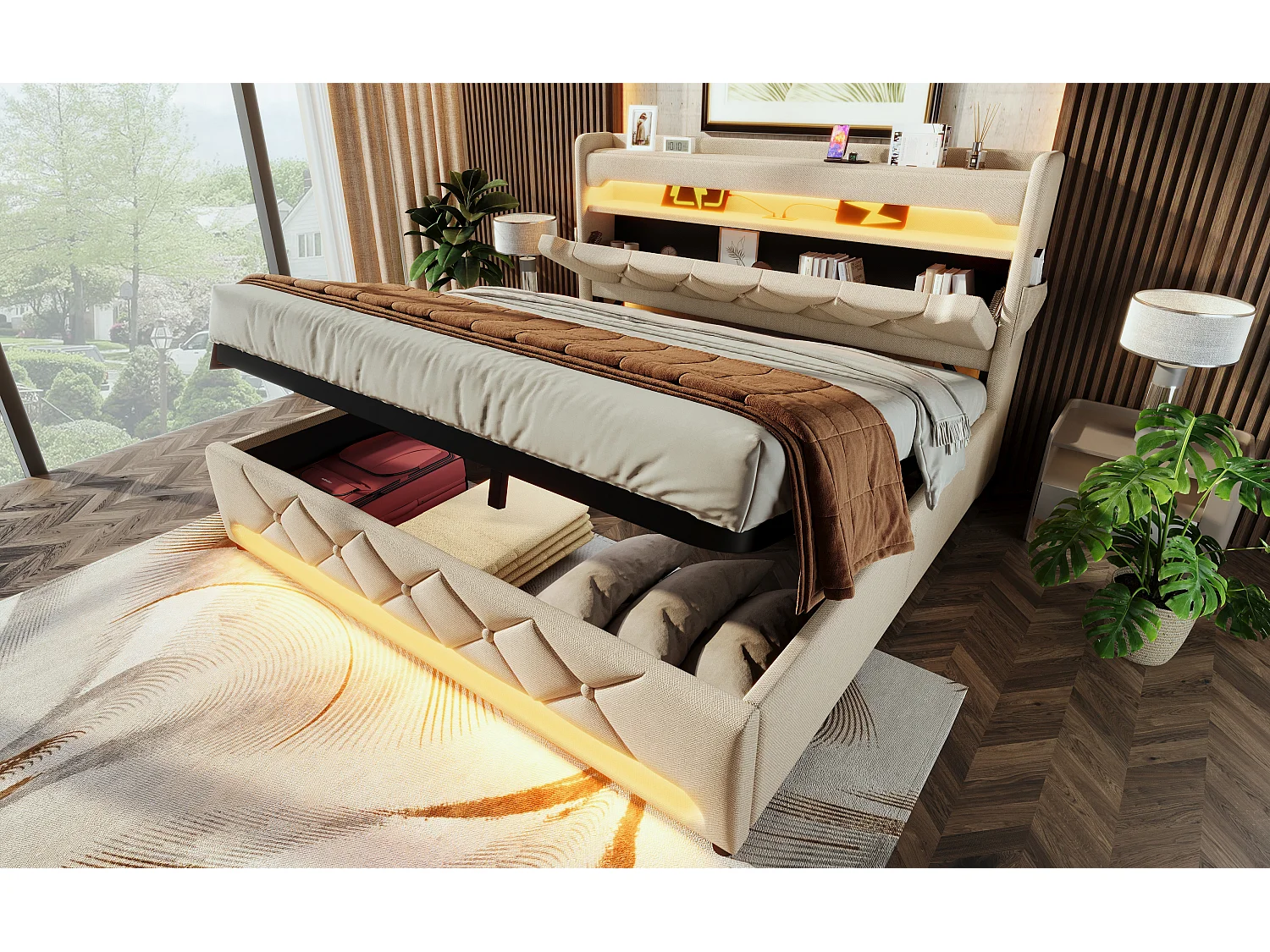 Lit double 180×200 cm, tête de lit avec rangement, ports USB et Type C, éclairage LED 360°