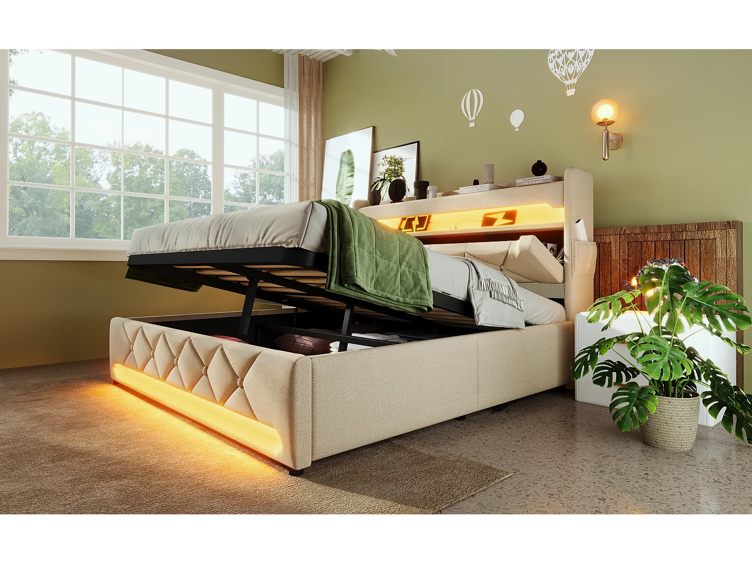 Lit double 180×200 cm, tête de lit avec rangement, ports USB et Type C, éclairage LED 360°