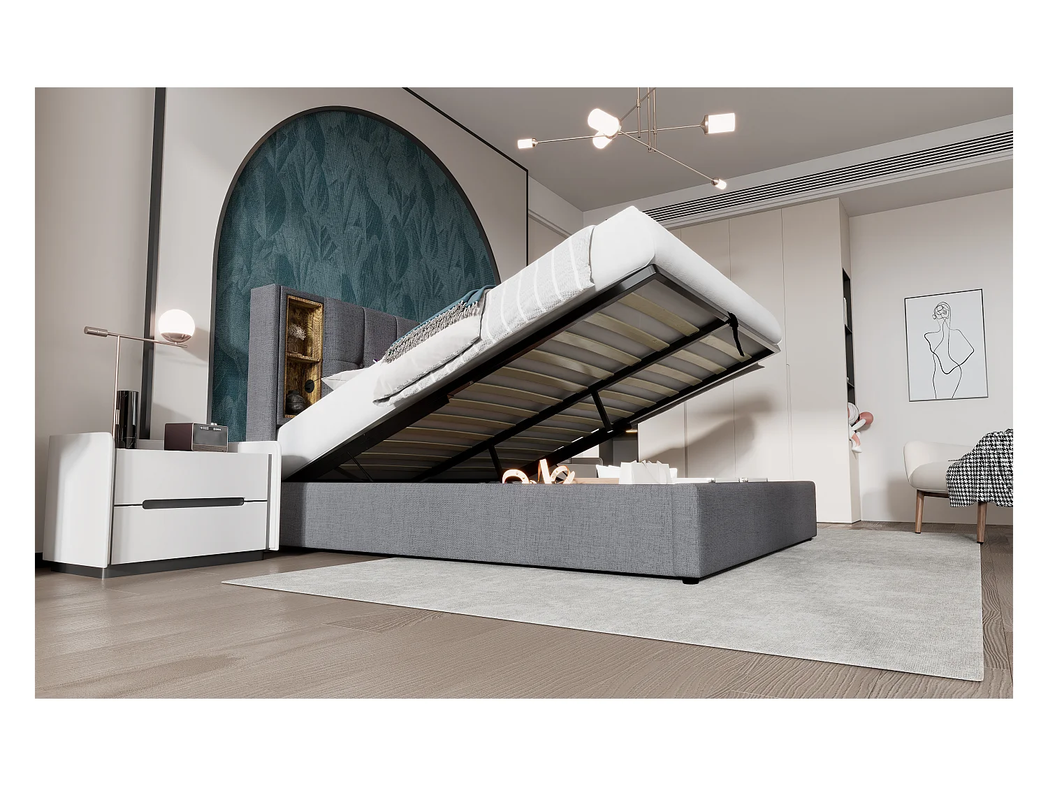 Lit double 140x200 cm avec chargement sans fil et USB, cadre de lit en coton gris avec rangement