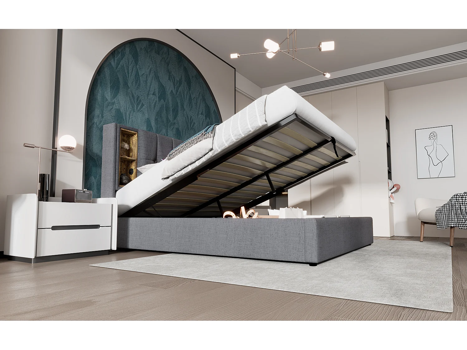 Lit double 140x200 cm avec chargement sans fil et USB, cadre de lit en coton gris avec rangement