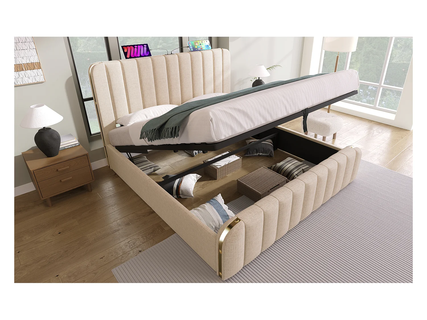 Lit double 160×200 cm en lin beige avec tête de lit rembourrée et ports USB intégrés