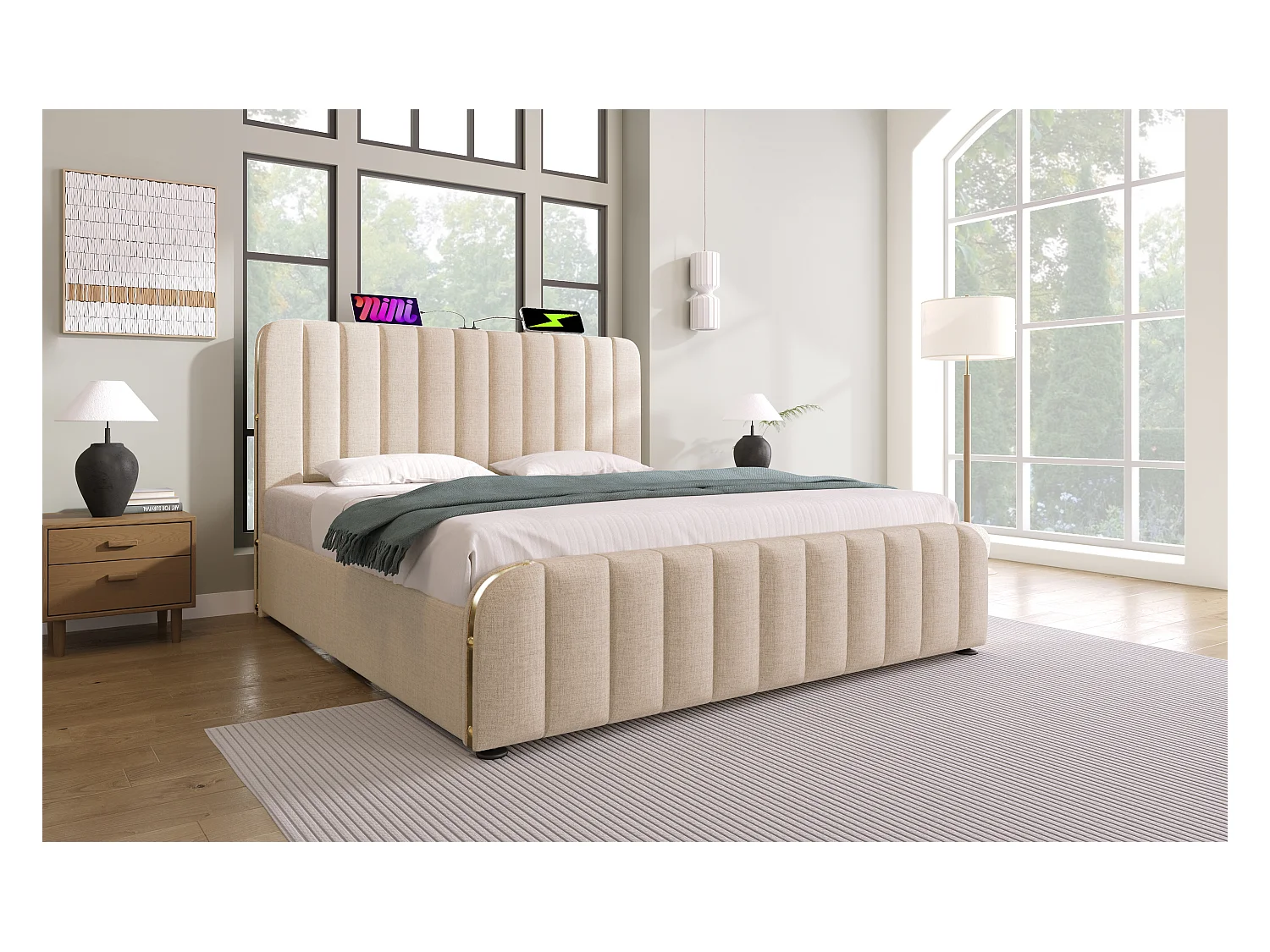 Lit double 160×200 cm en lin beige avec tête de lit rembourrée et ports USB intégrés