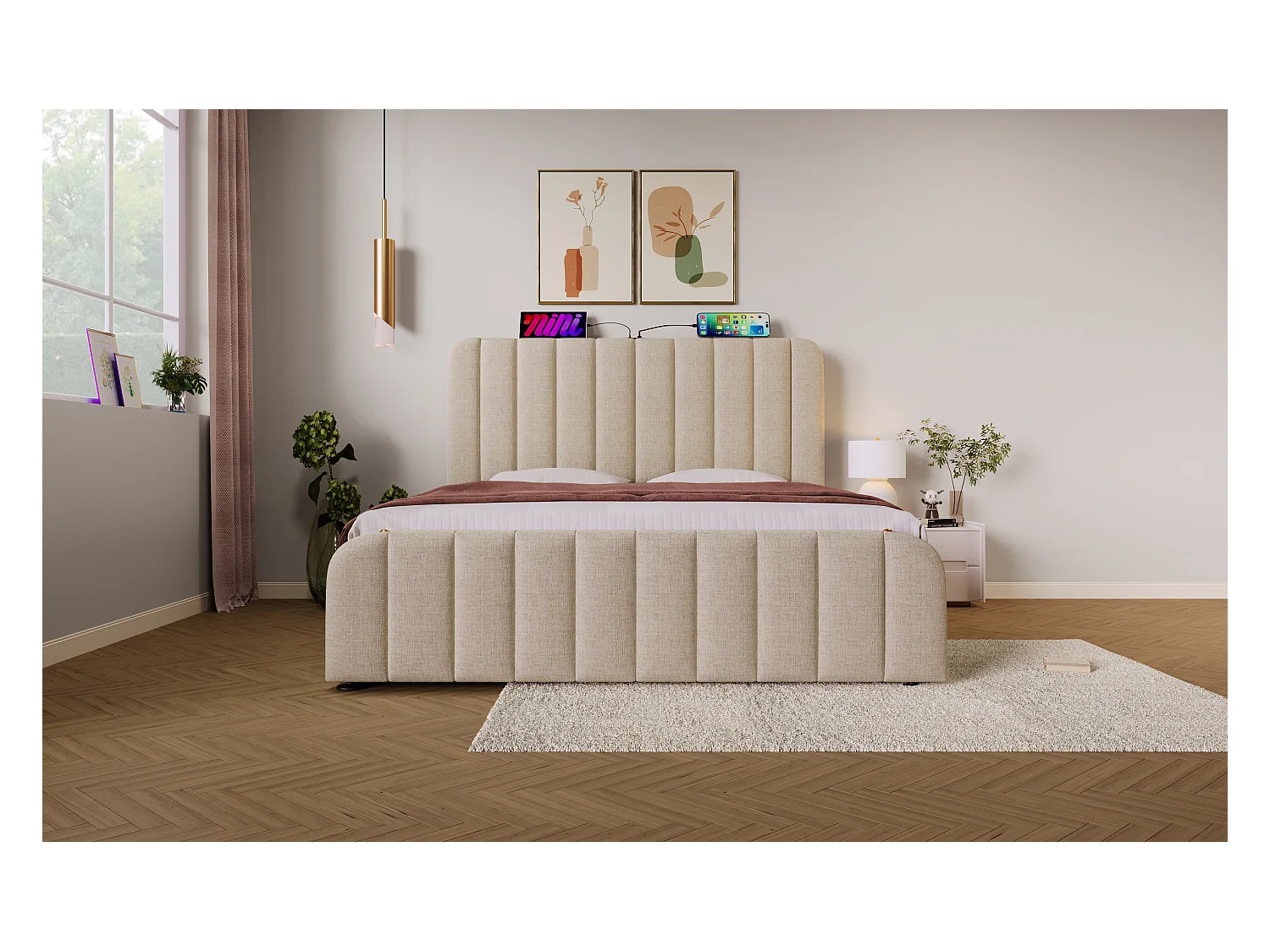 Lit double 160×200 cm en lin beige avec tête de lit rembourrée et ports USB intégrés