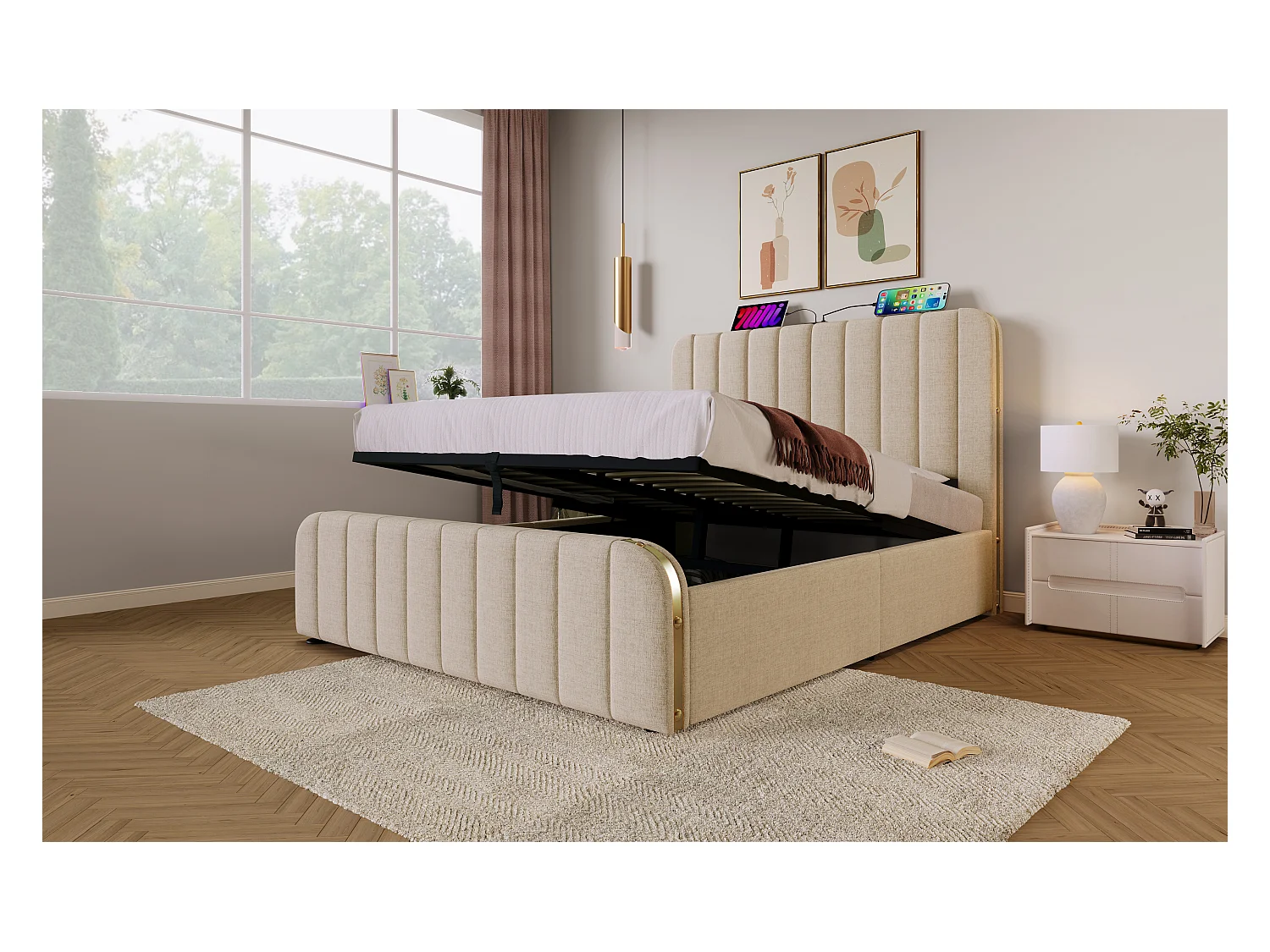 Lit double 160×200 cm en lin beige avec tête de lit rembourrée et ports USB intégrés