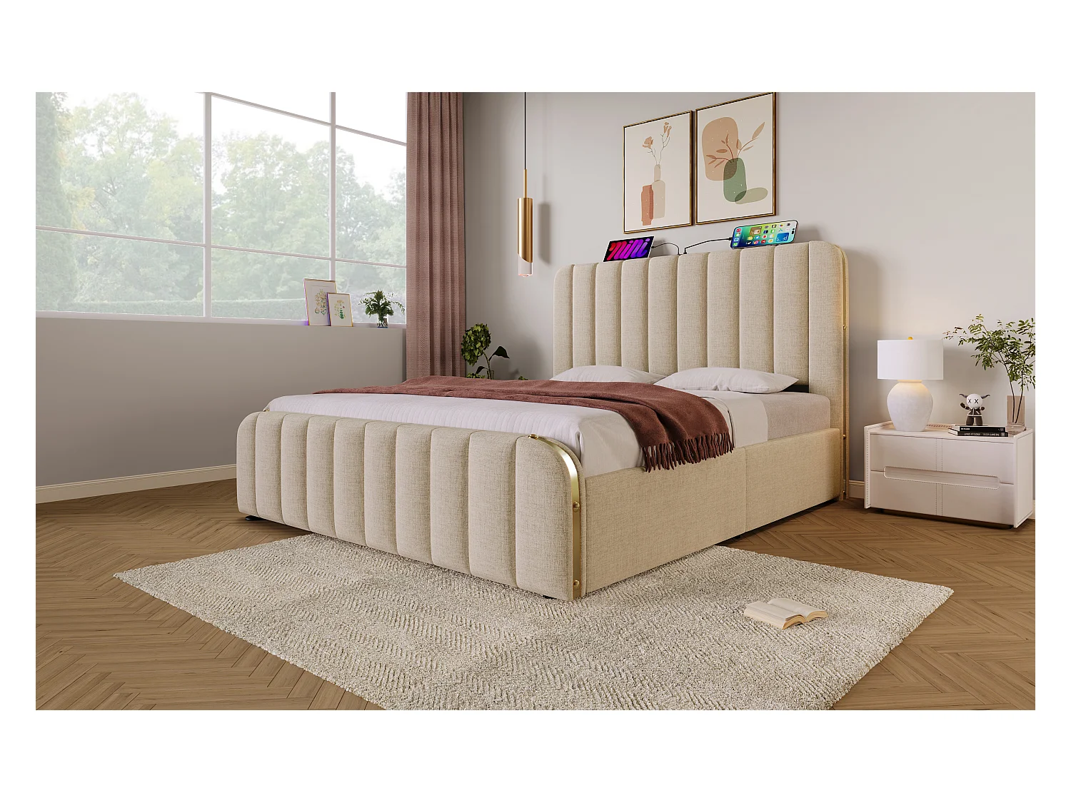 Lit double 160×200 cm en lin beige avec tête de lit rembourrée et ports USB intégrés