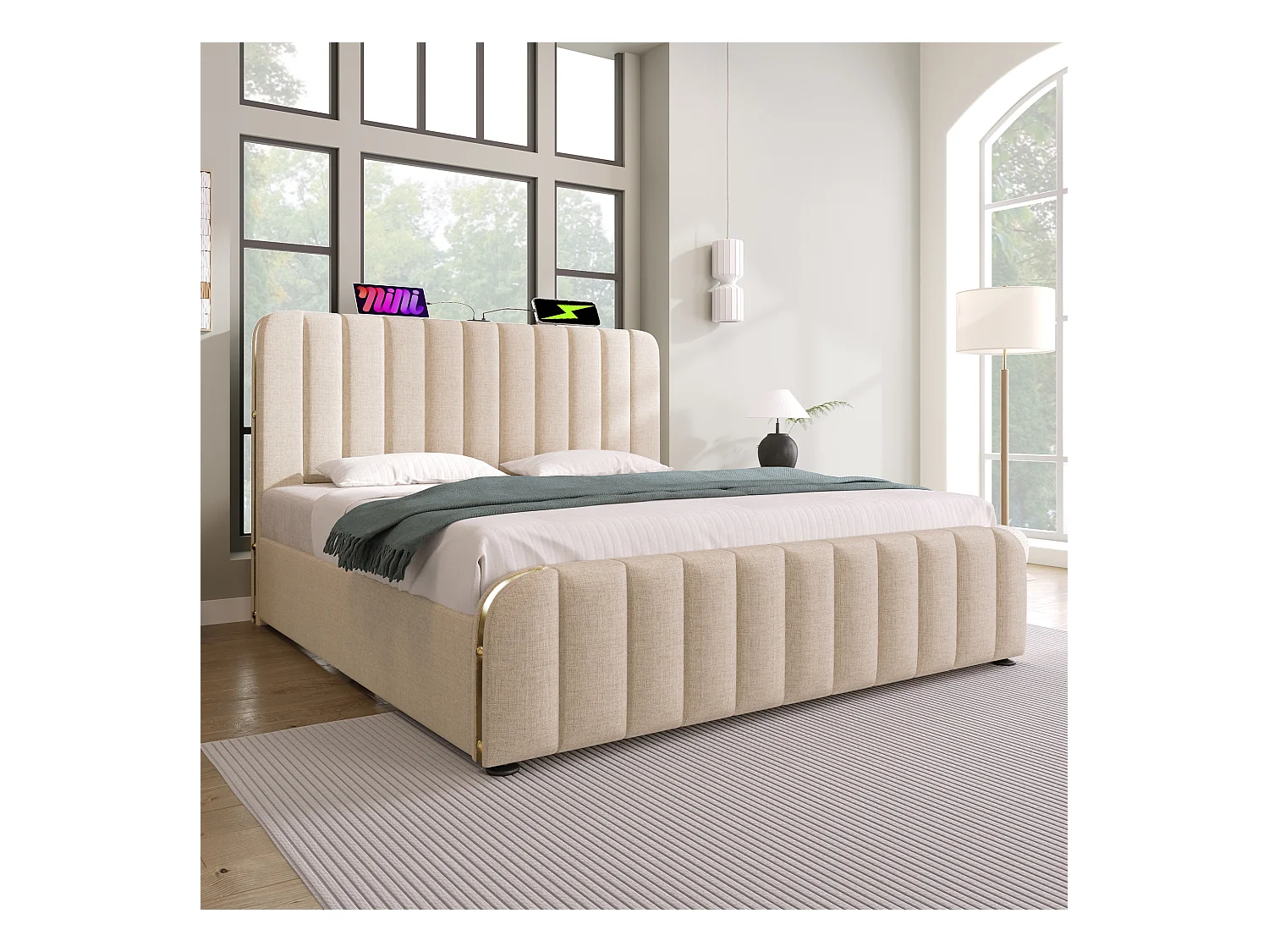 Lit double 160×200 cm en lin beige avec tête de lit rembourrée et ports USB intégrés
