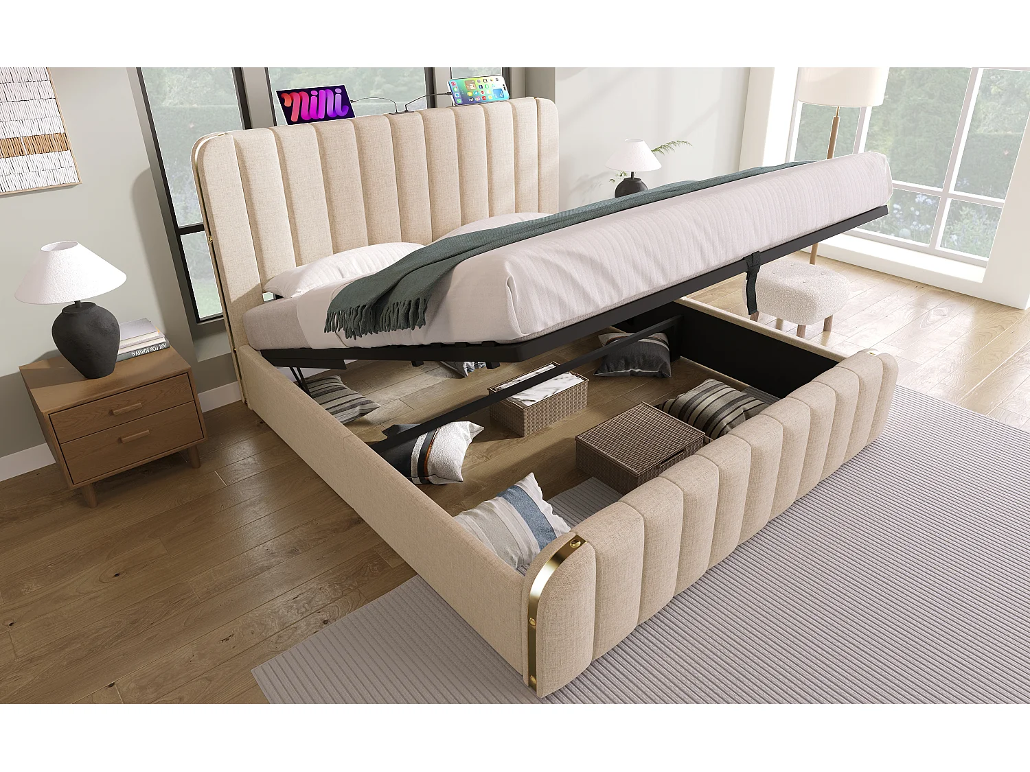Lit double 160×200 cm en lin beige avec tête de lit rembourrée et ports USB intégrés
