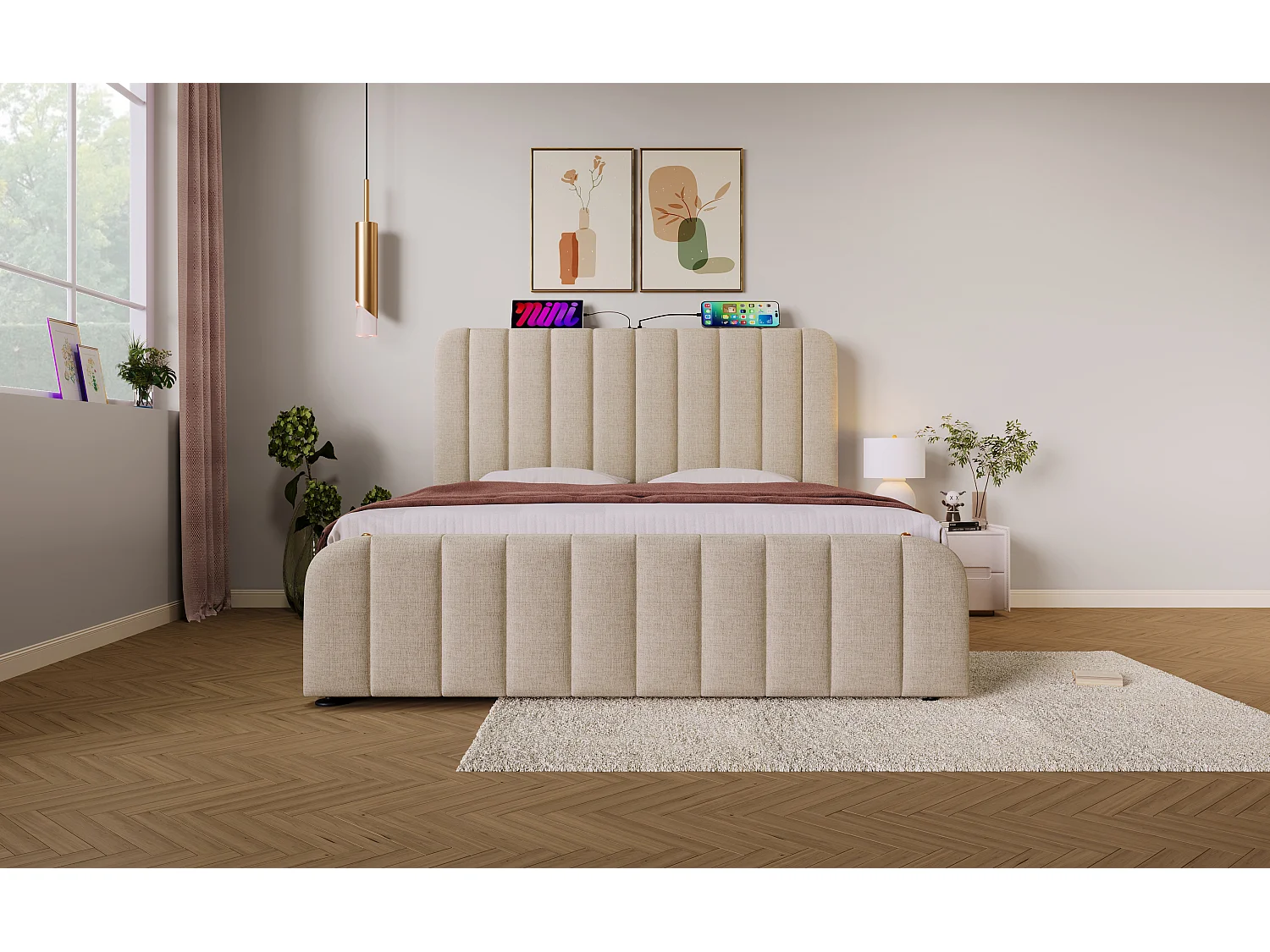 Lit double 160×200 cm en lin beige avec tête de lit rembourrée et ports USB intégrés