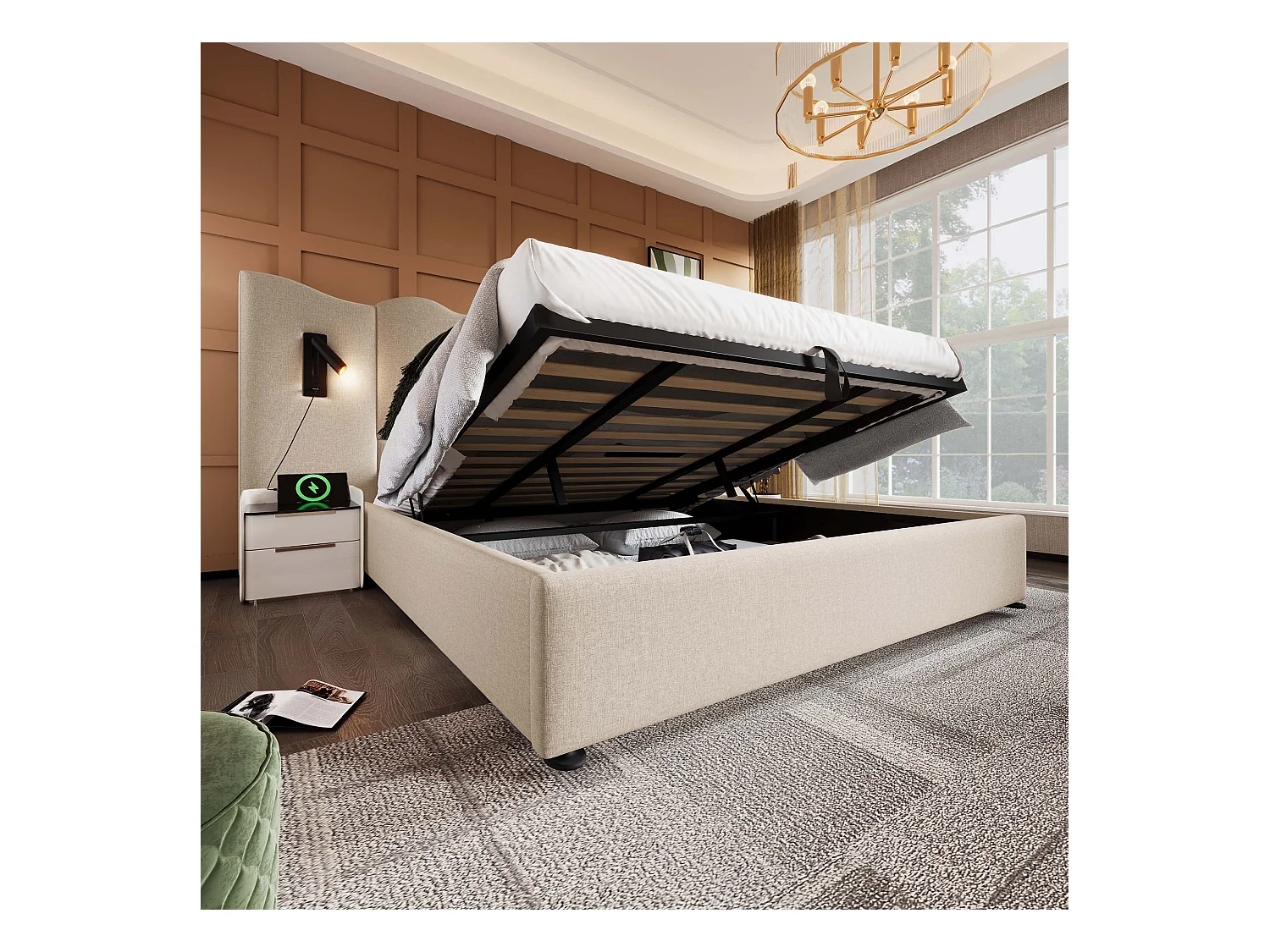 Lit double 180×200 cm en lin beige avec lampe de lecture et fonction de charge USB Type-C, lit de rangement en bois massif et métal